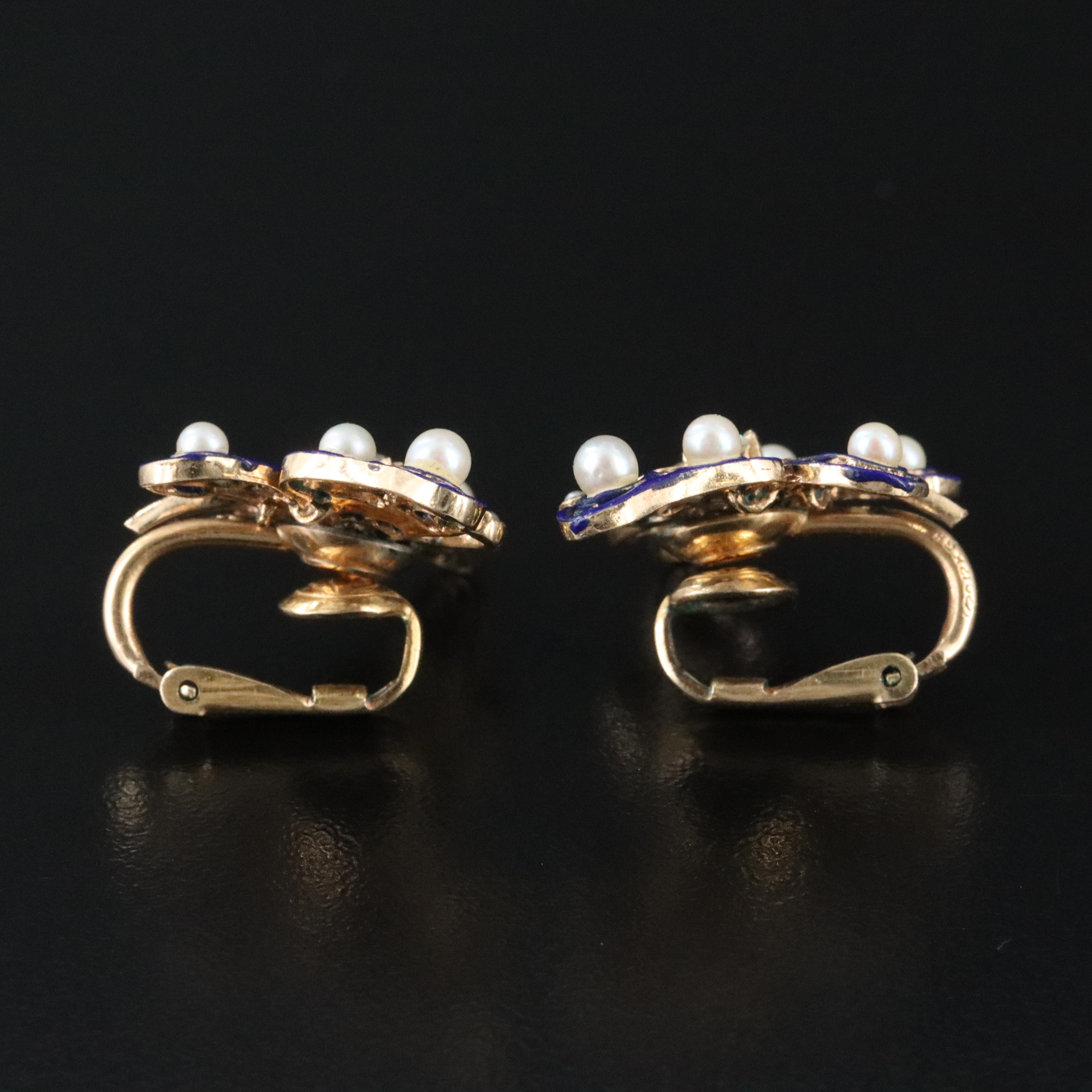 Antique 14K Diamond, Pearl and Enamel Butterfly Earrings