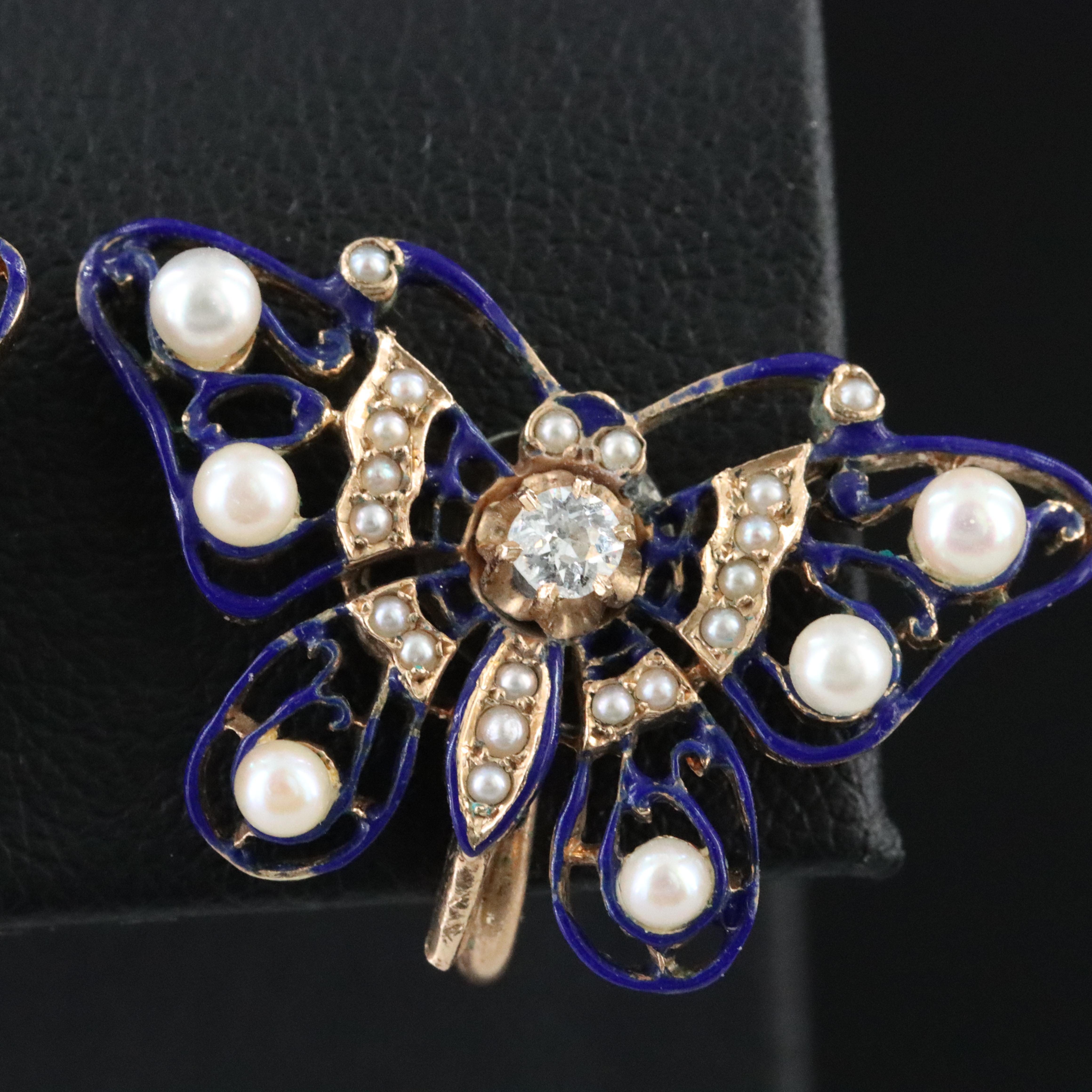 Antique 14K Diamond, Pearl and Enamel Butterfly Earrings