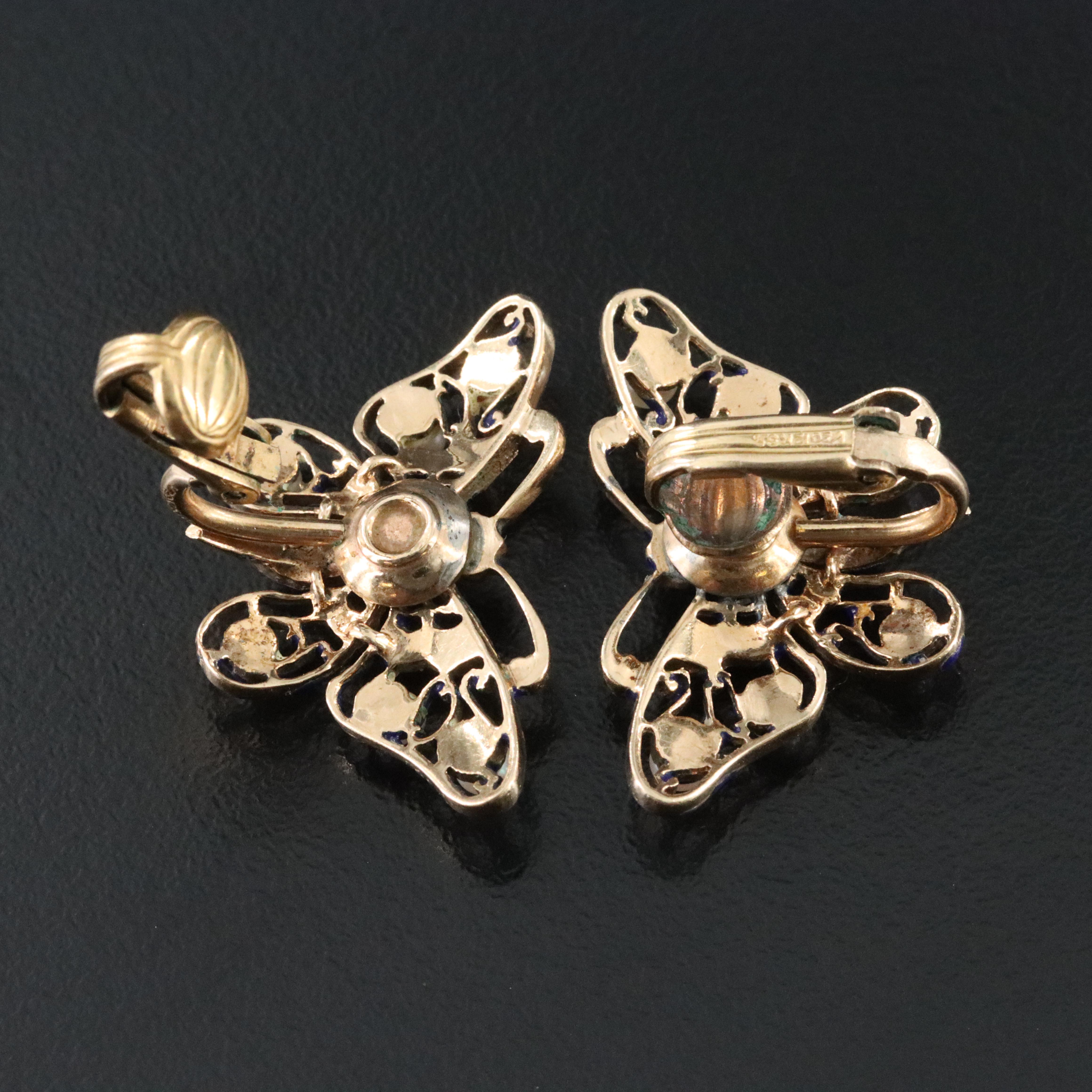 Antique 14K Diamond, Pearl and Enamel Butterfly Earrings