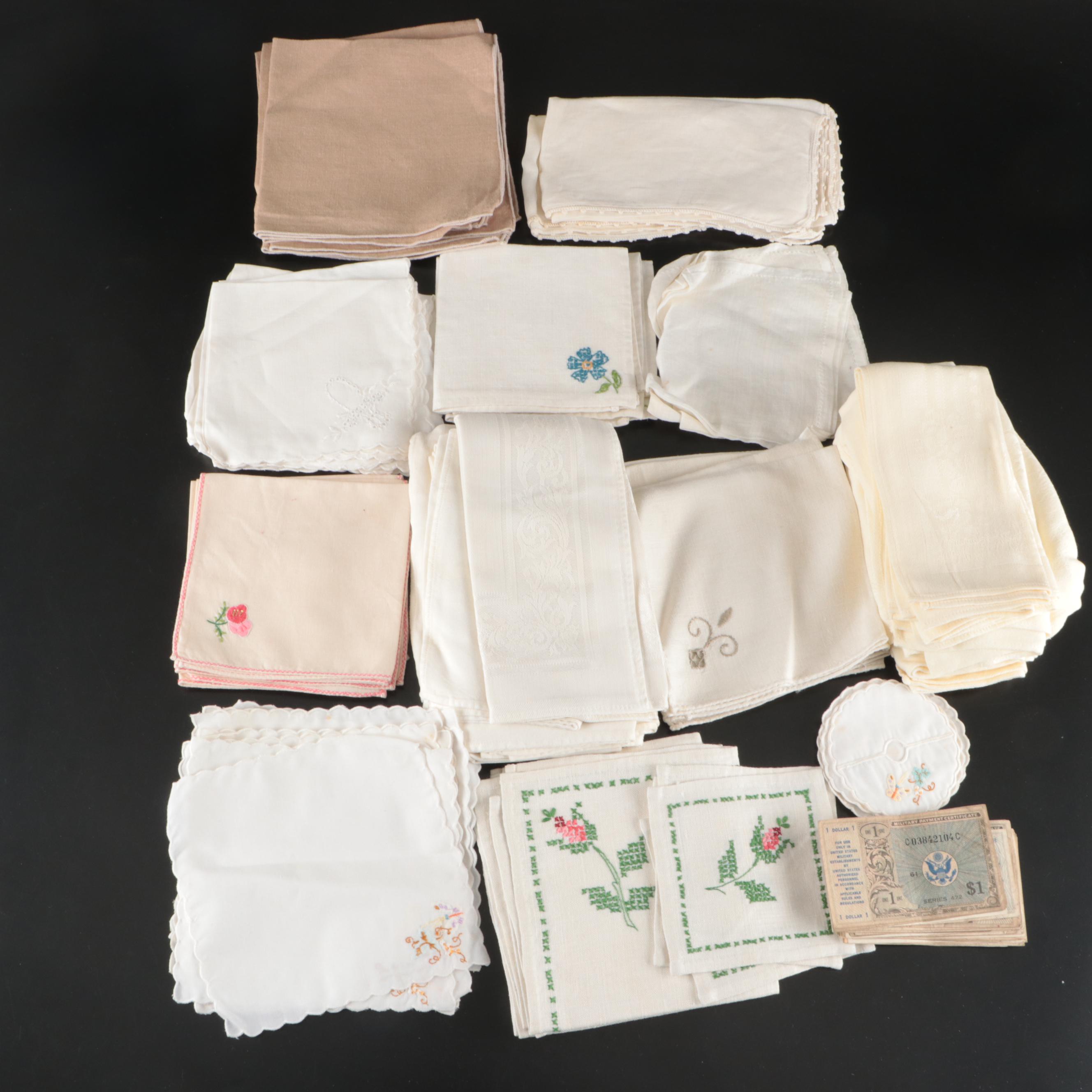 Hand-Embroidered, Applique, and Other Floral Napkins with Vintage Ephemera