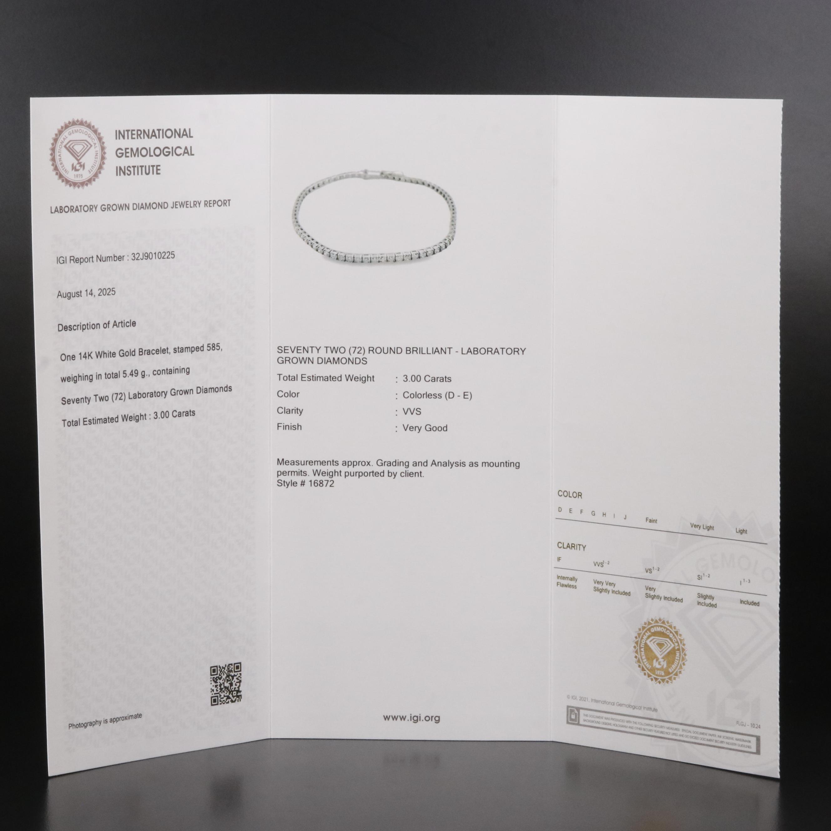 14K 3.00 CTW Lab Grown Diamond Line Bracelet with IGI Jewelry Report