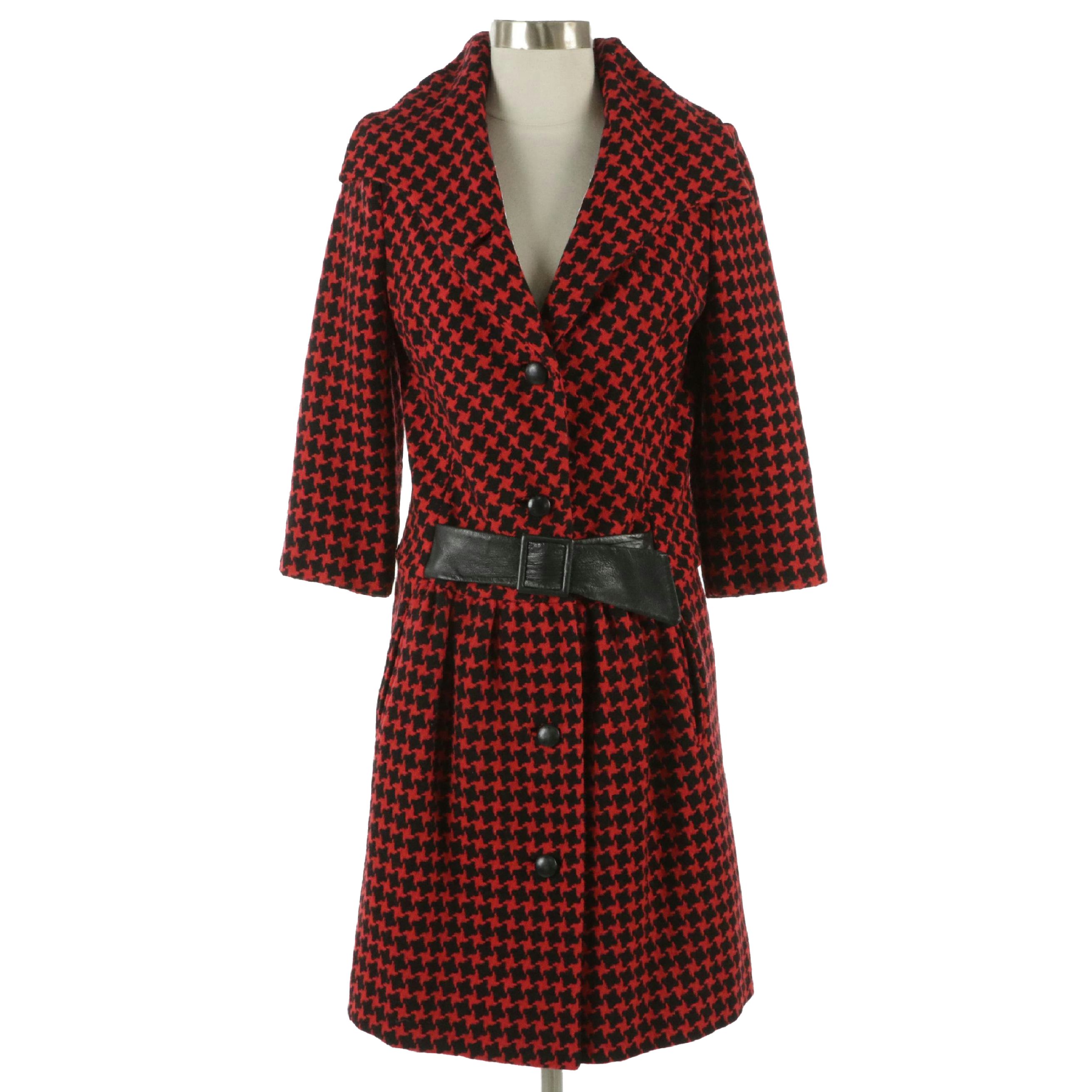 Don Loper Vintage Red and Black Wool Coat Dress with Leather Belt Detail