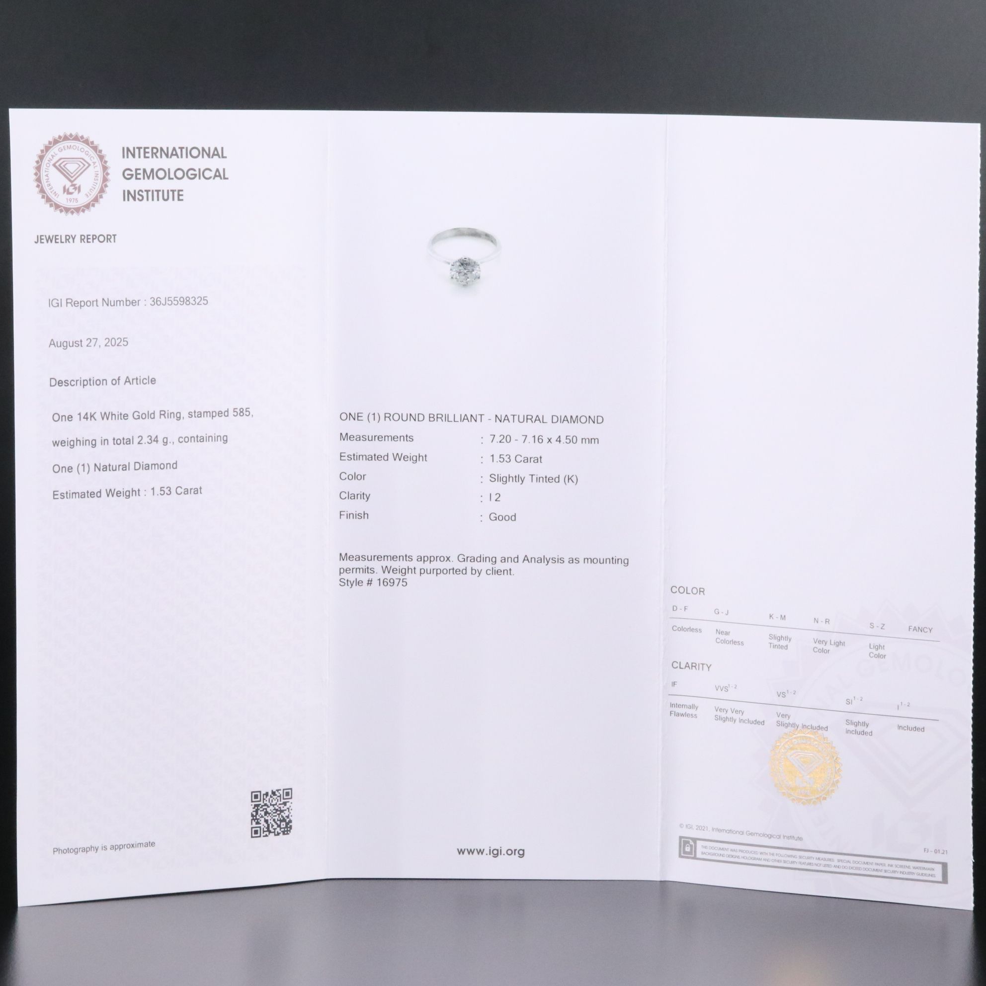 14K 1.53 CT Diamond Solitaire Ring with IGI Jewelry Report