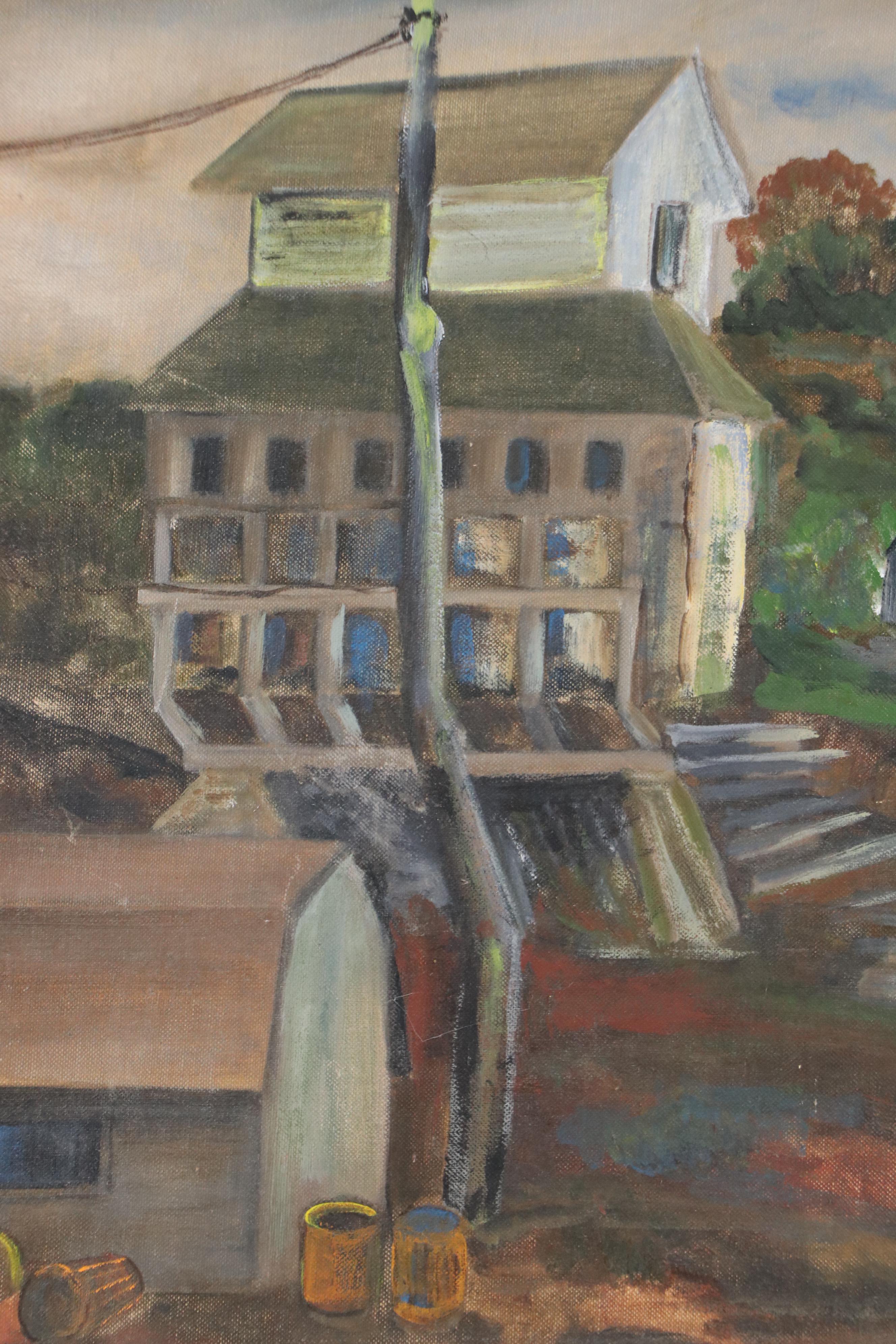 American School Oil Painting of Rural Buildings, 20th Century