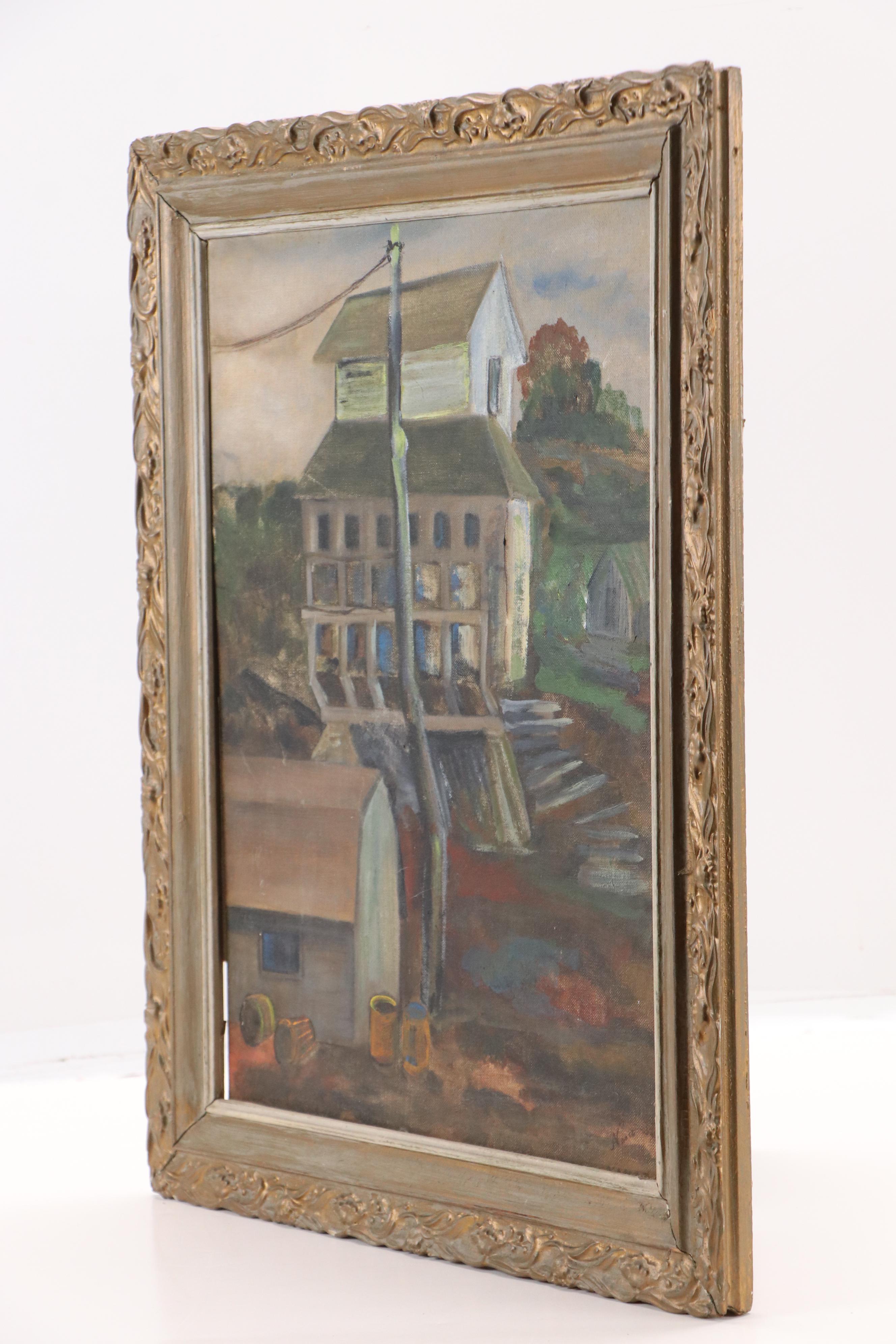 American School Oil Painting of Rural Buildings, 20th Century