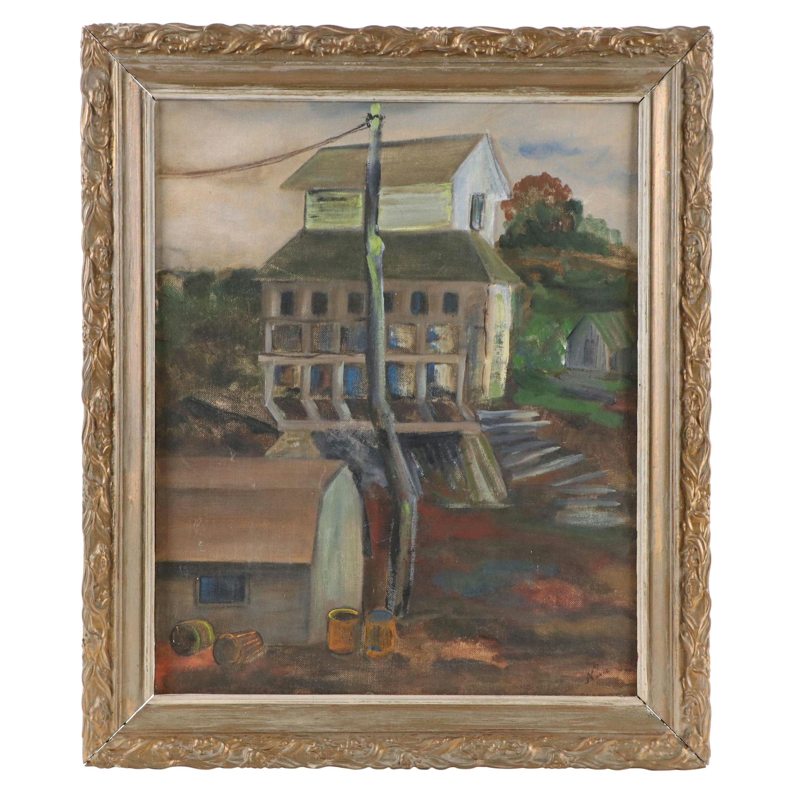 American School Oil Painting of Rural Buildings, 20th Century