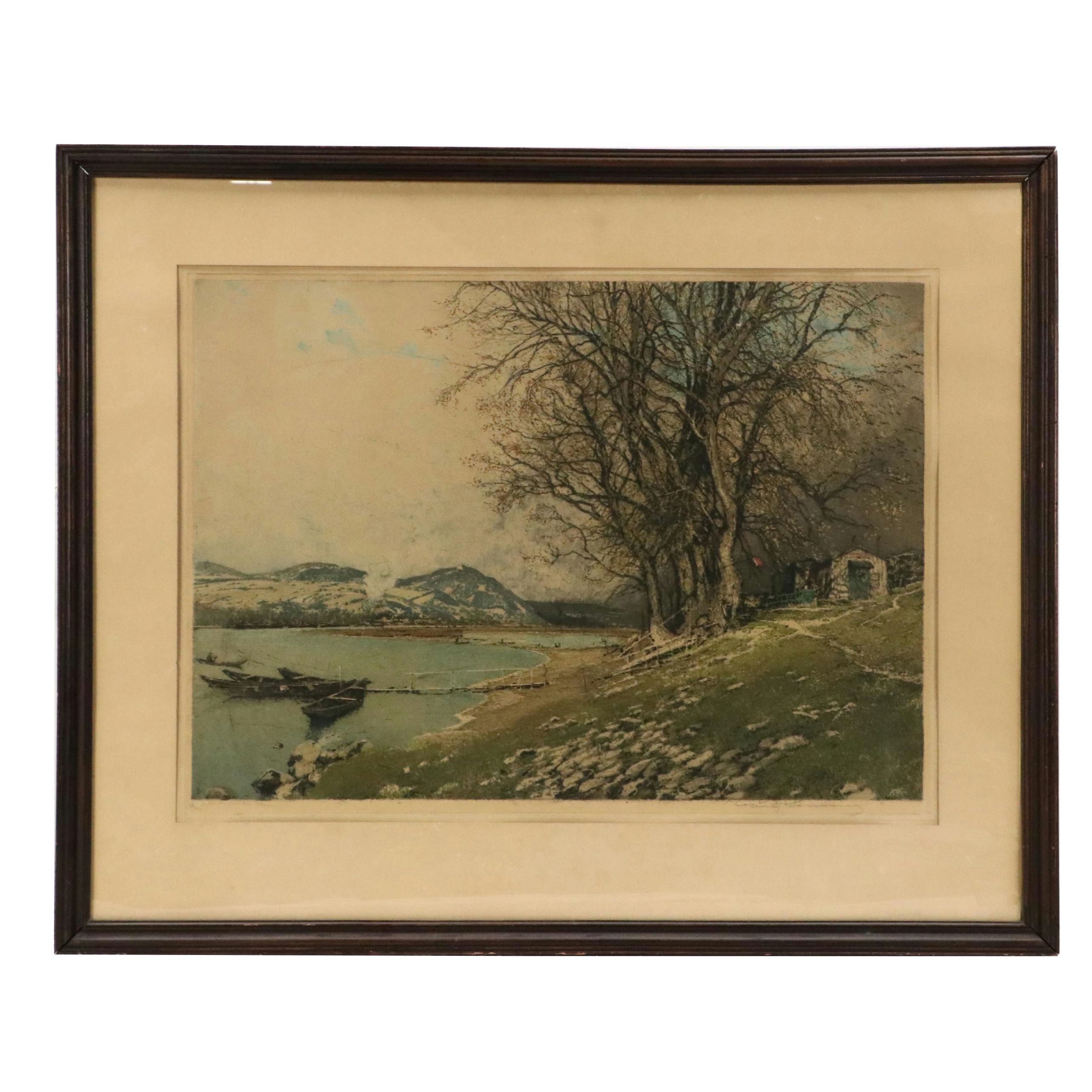 Luigi Kasimir Hand-Colored Engraving "Vienna, Danube Landscape," Circa 1920