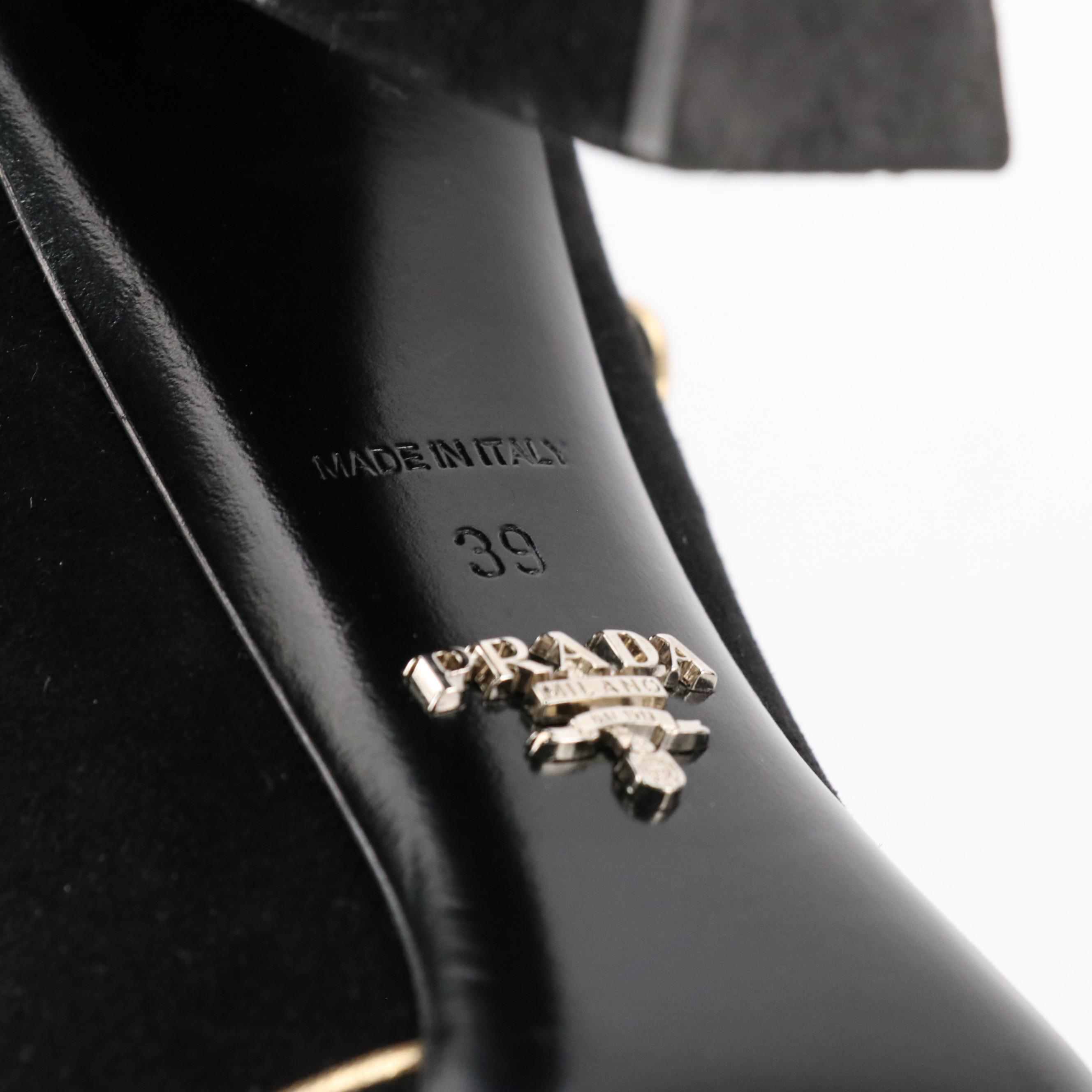 Prada Mary Jane Peep Toe Pumps in Black Suede with Golden Trim