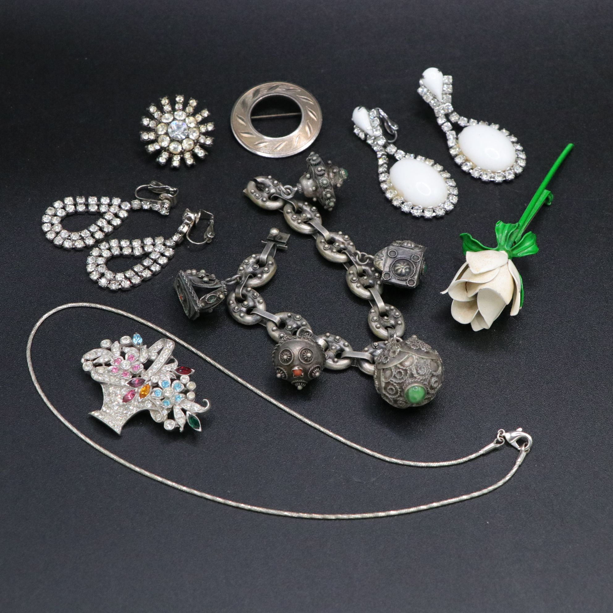 Floral Repoussé Jewlery Box with Earrings, Brooches & More