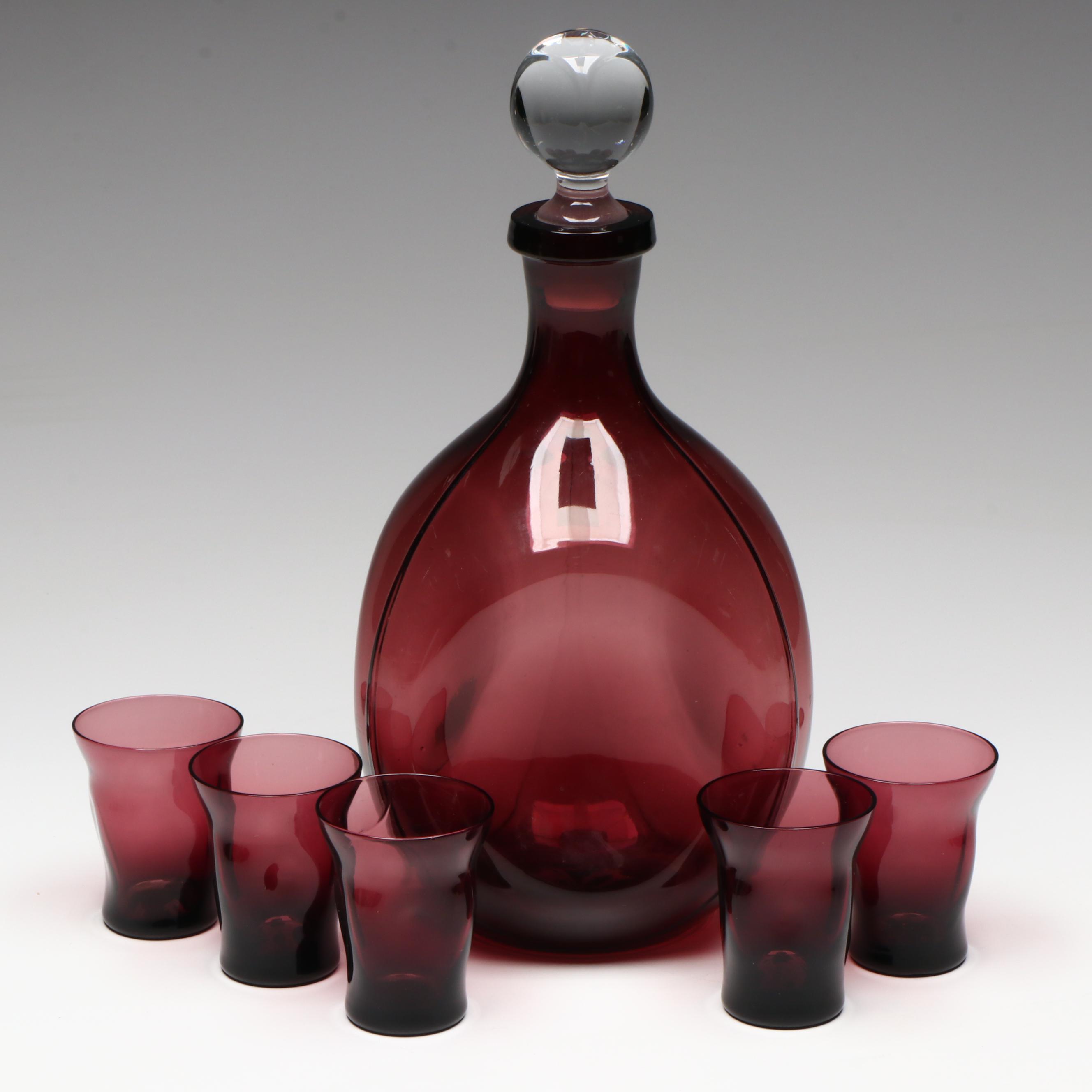 Pinched Amethyst Glass Decanter with Crystal Stopper and Cordial Glasses