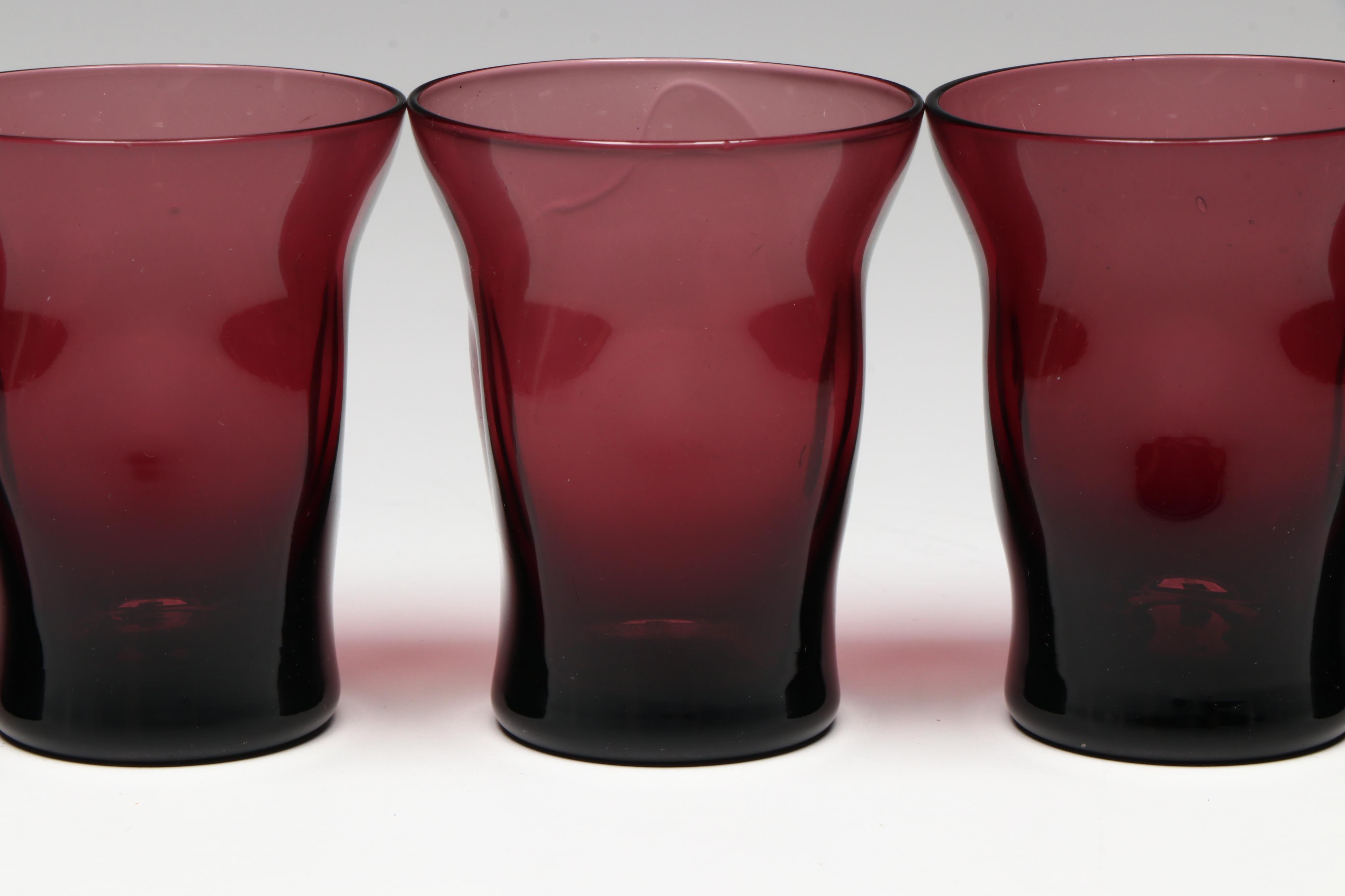 Pinched Amethyst Glass Decanter with Crystal Stopper and Cordial Glasses