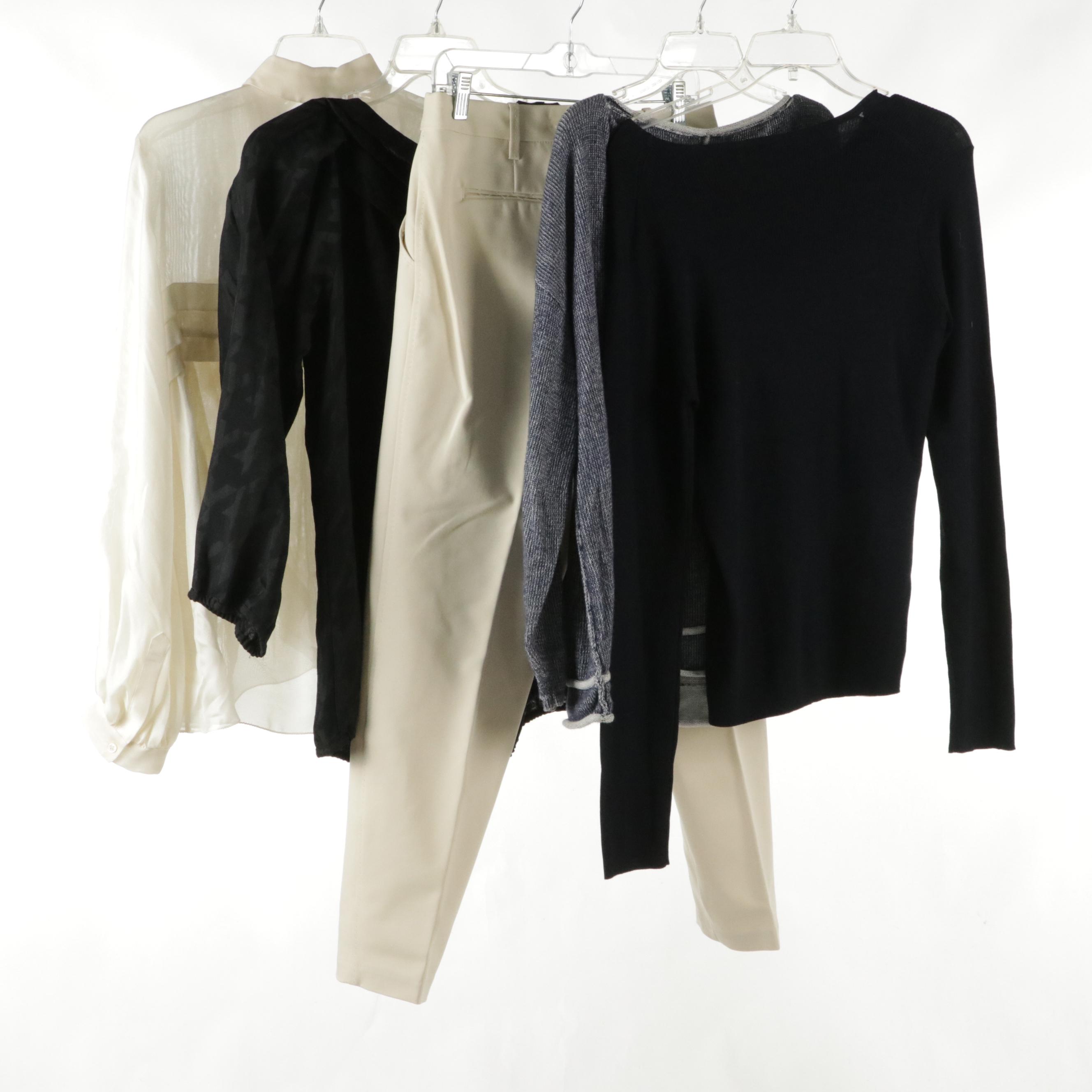 Leon Max Pleated Silk Blouses, Stretch Cotton Dress Pants, and Other Knit Tops