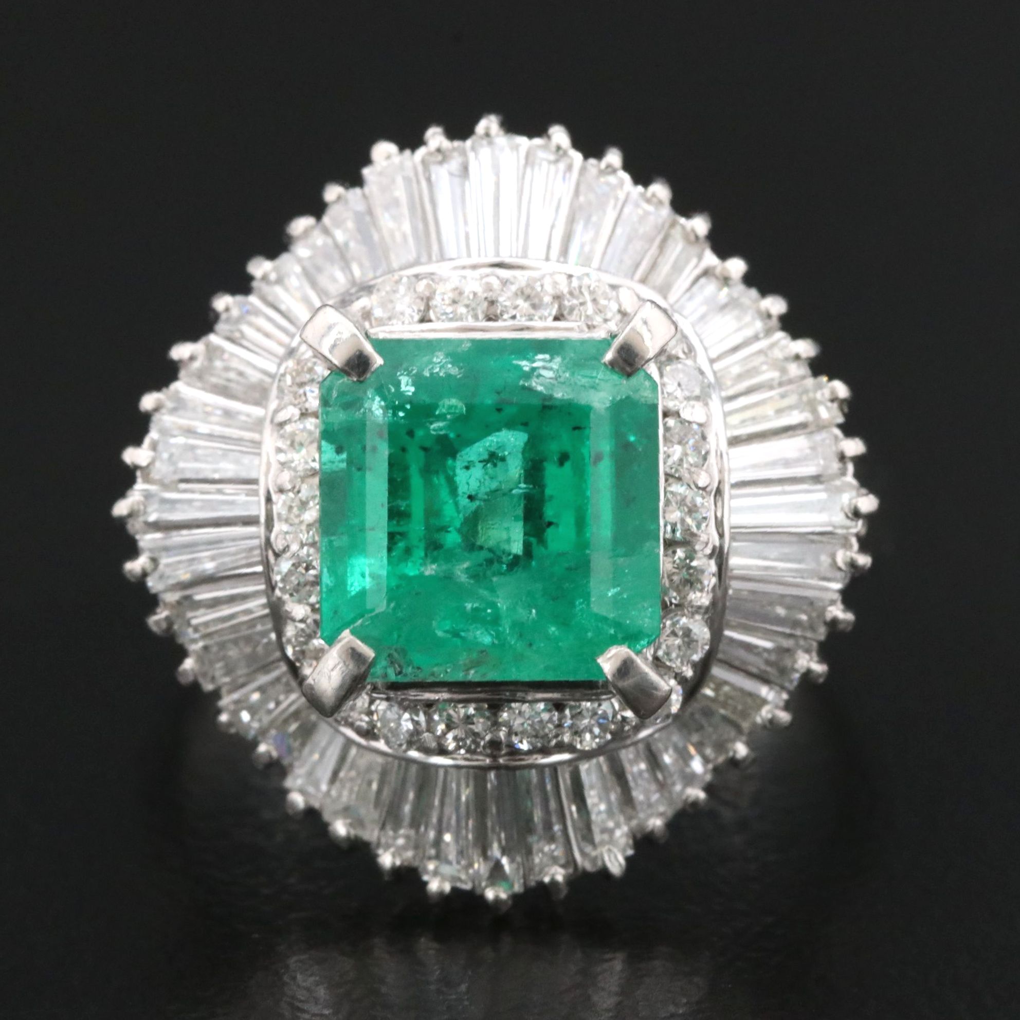 Platinum 2.52 CT Emerald and Diamond Ballerina Ring