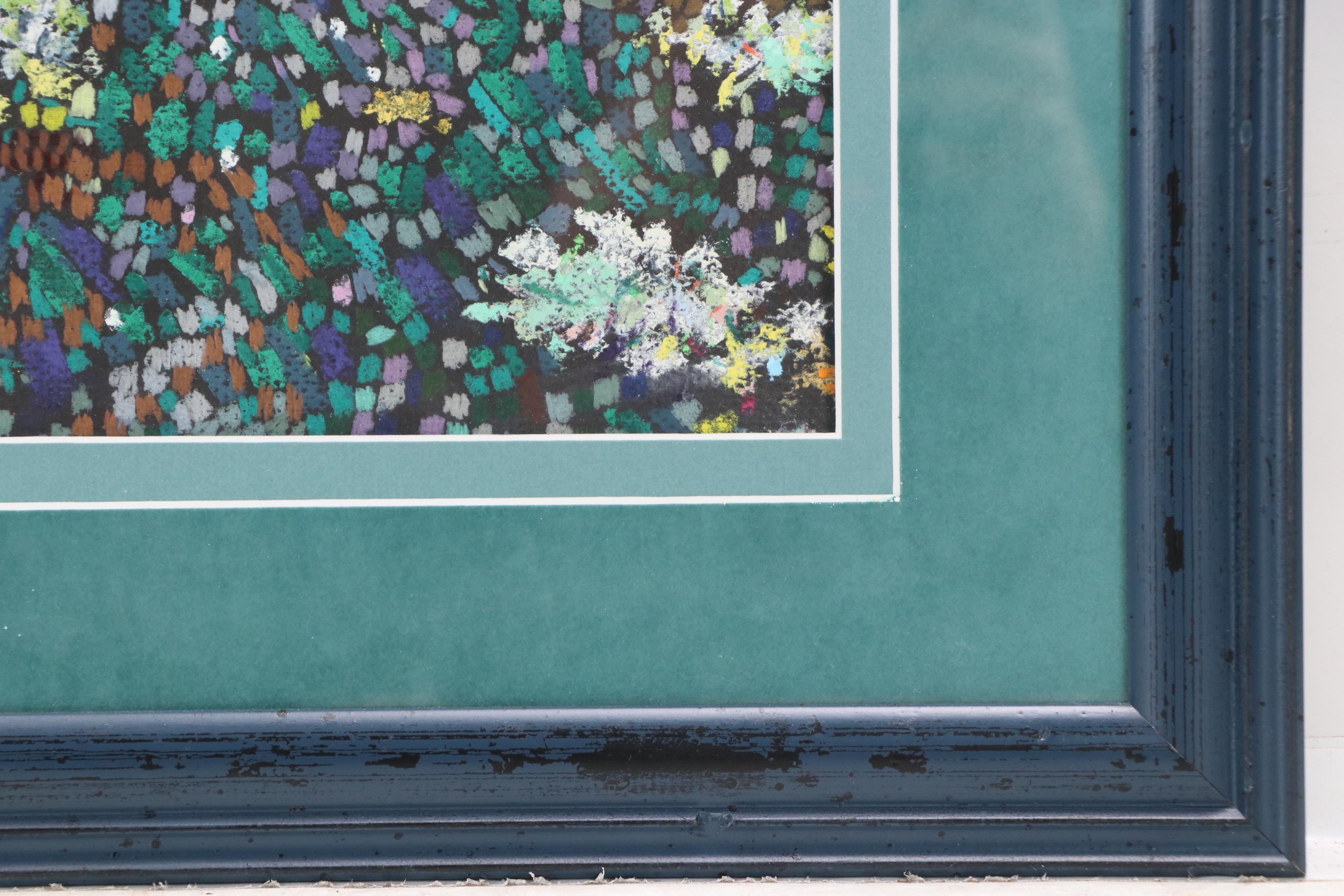 Paul Illencik Pointillist Style Pastel Drawing of Flowering Field, Circa 1996