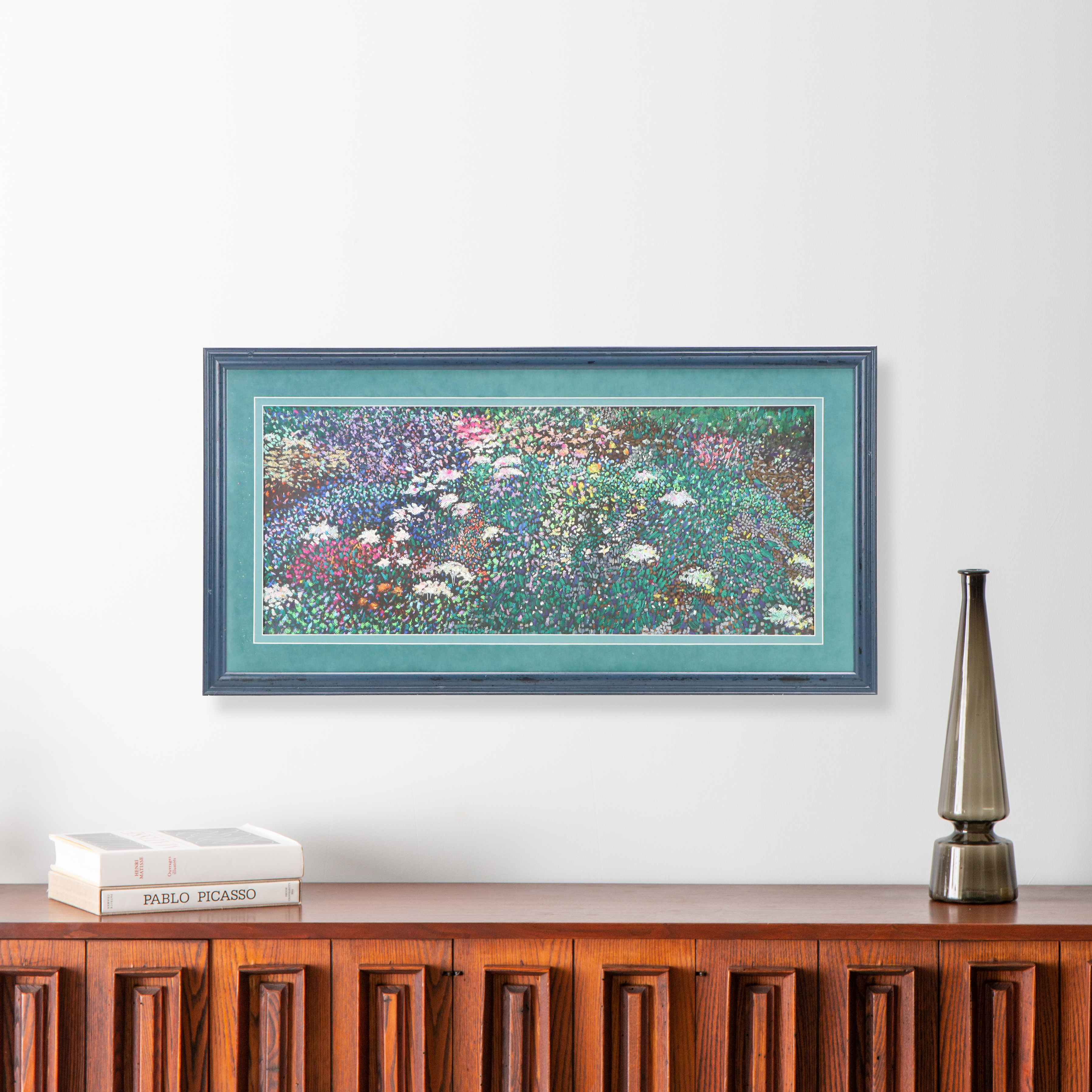 Paul Illencik Pointillist Style Pastel Drawing of Flowering Field, Circa 1996