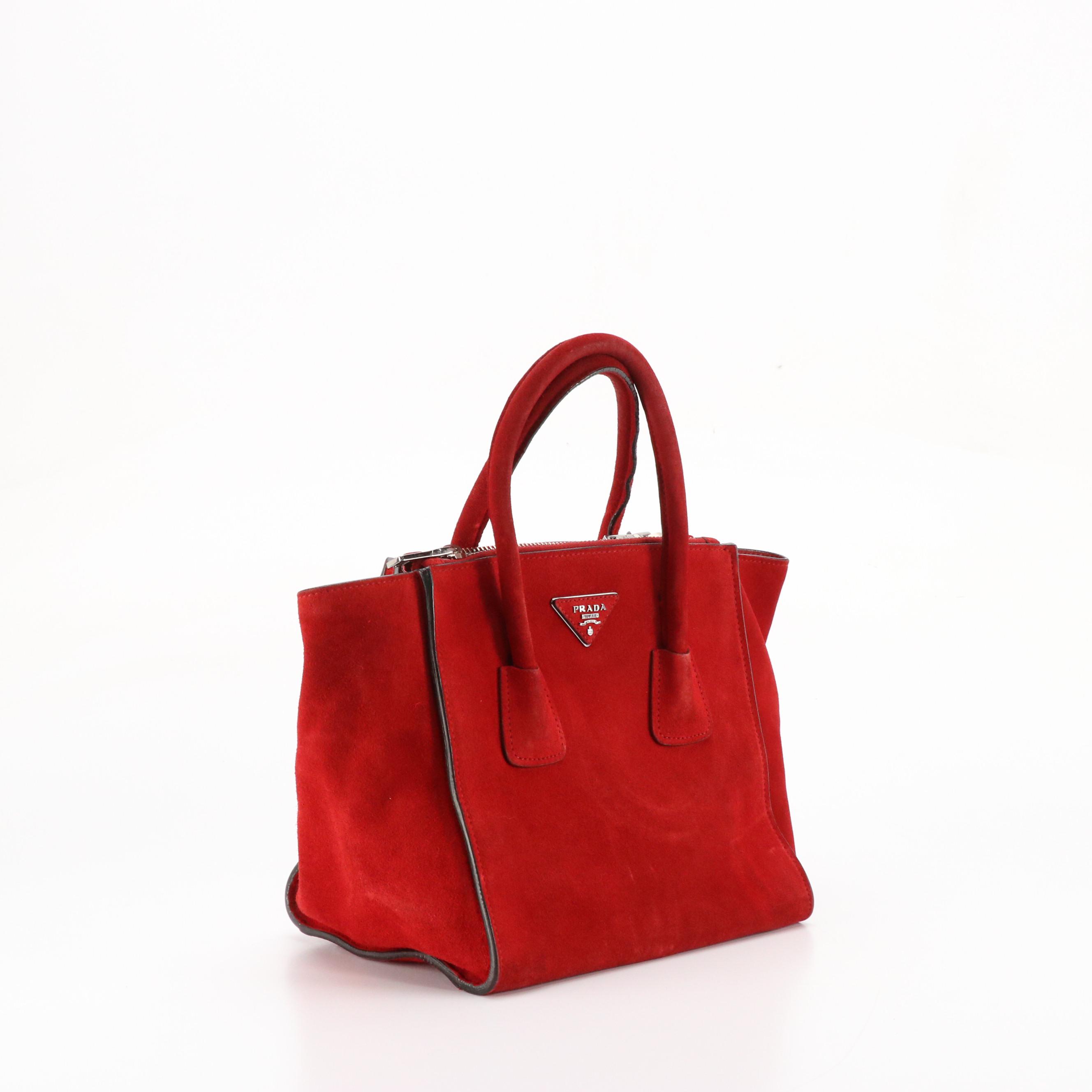 Prada Twin Pocket Two-Way Tote Bag in Red Suede and Lambskin Leather