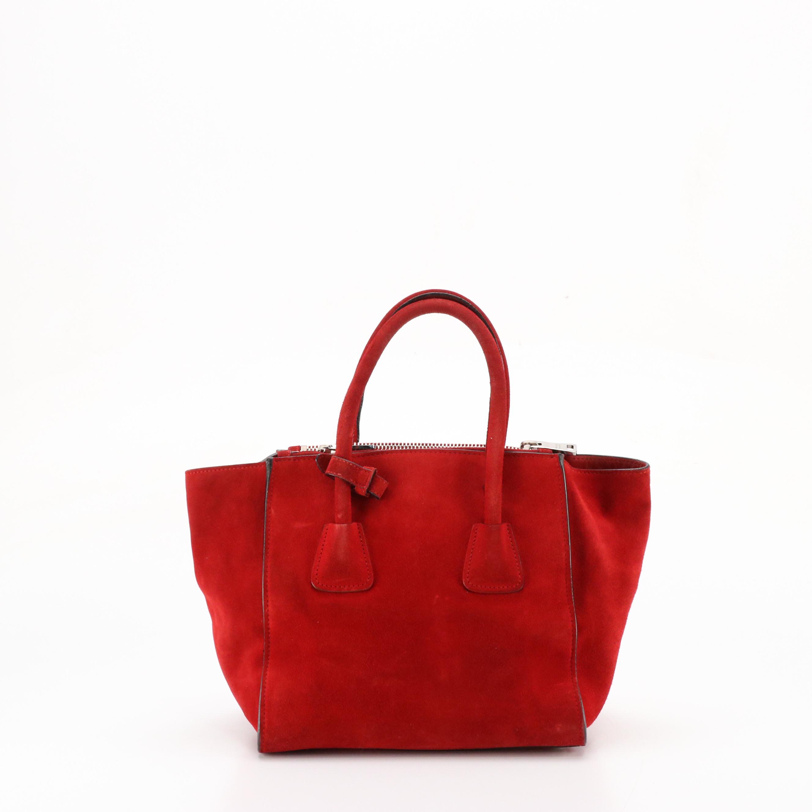 Prada Twin Pocket Two-Way Tote Bag in Red Suede and Lambskin Leather