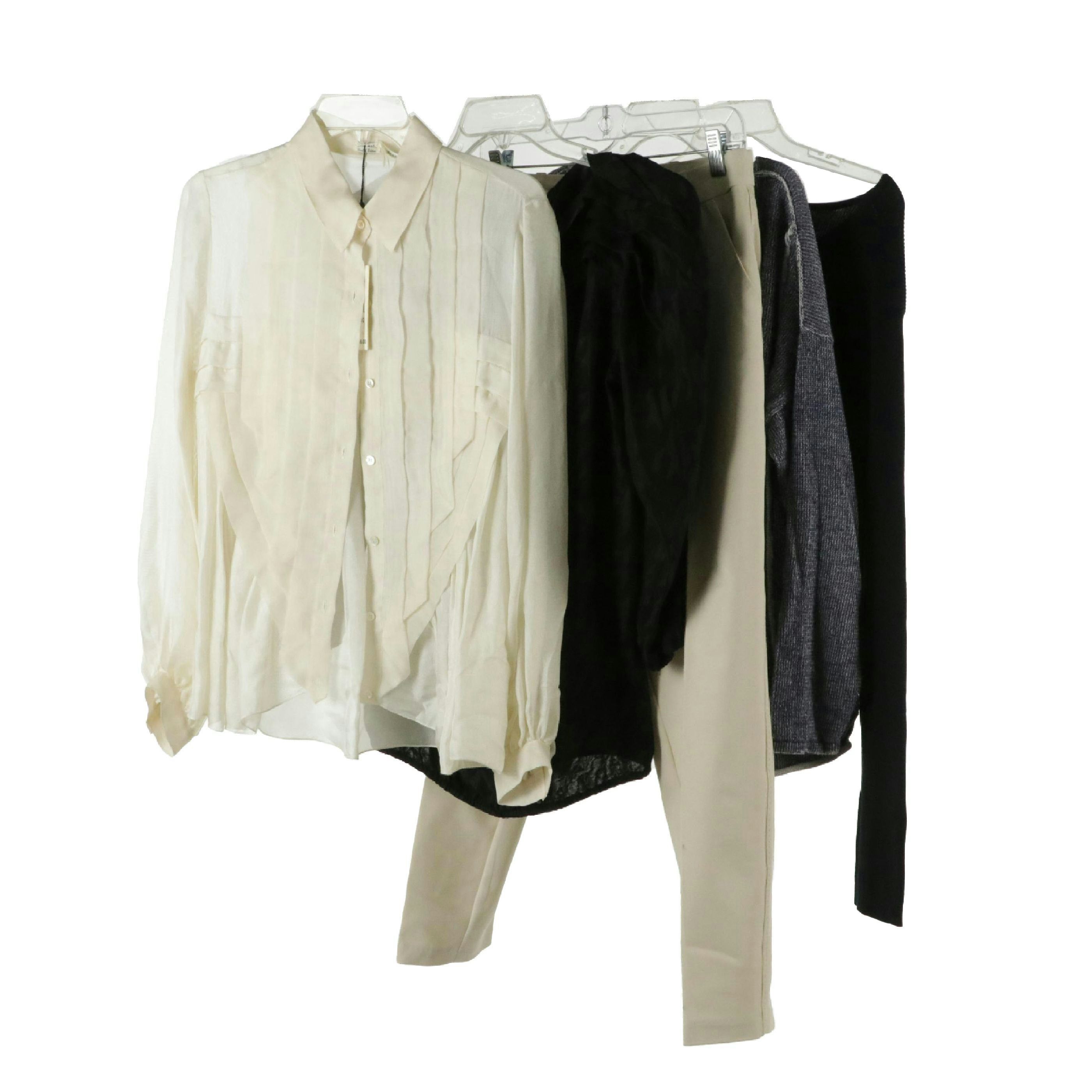 Leon Max Pleated Silk Blouses, Stretch Cotton Dress Pants, and Other Knit Tops