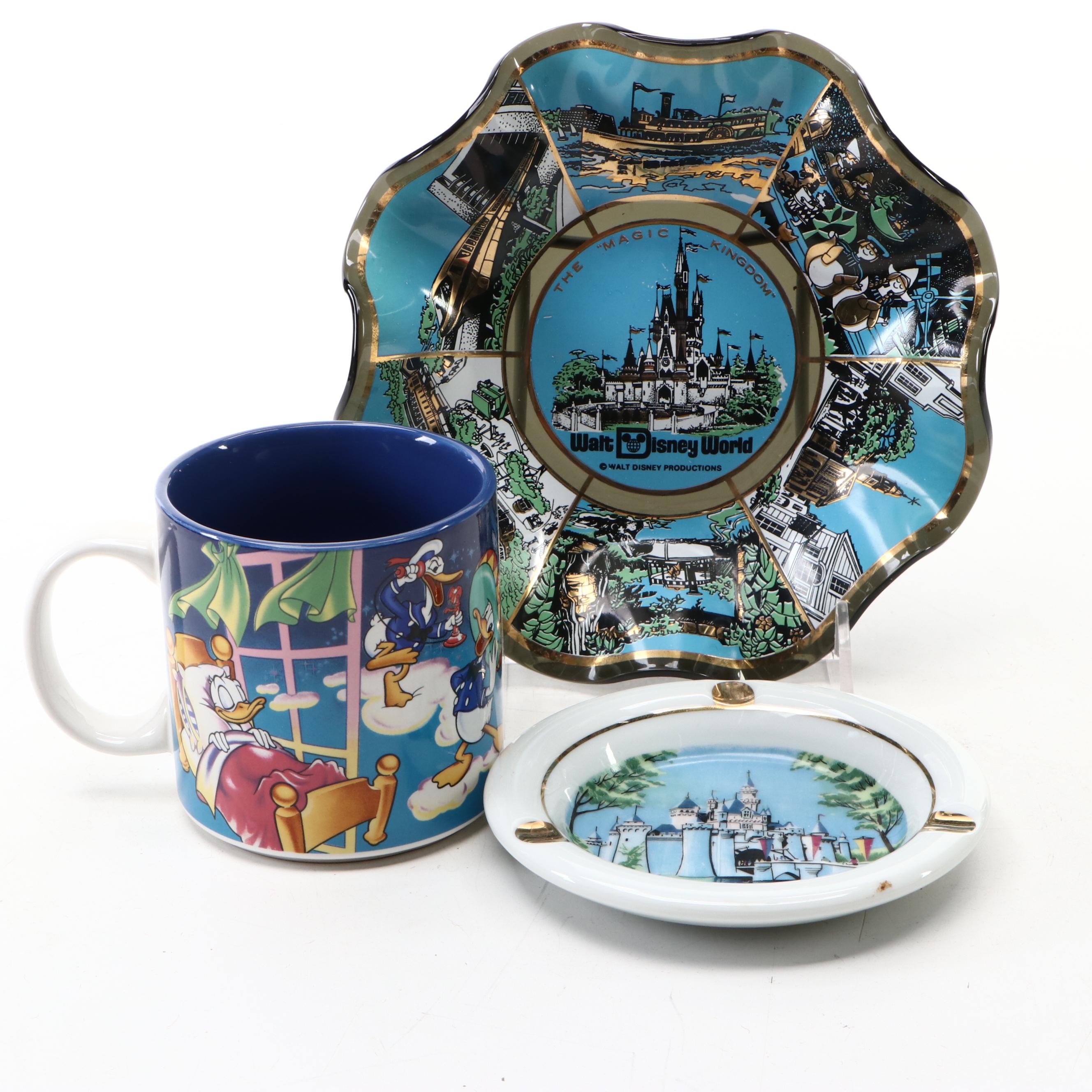 Disney Souvenir Ruffle Bowl with Ashtray and Donald Duck Mug, Late 20th Century