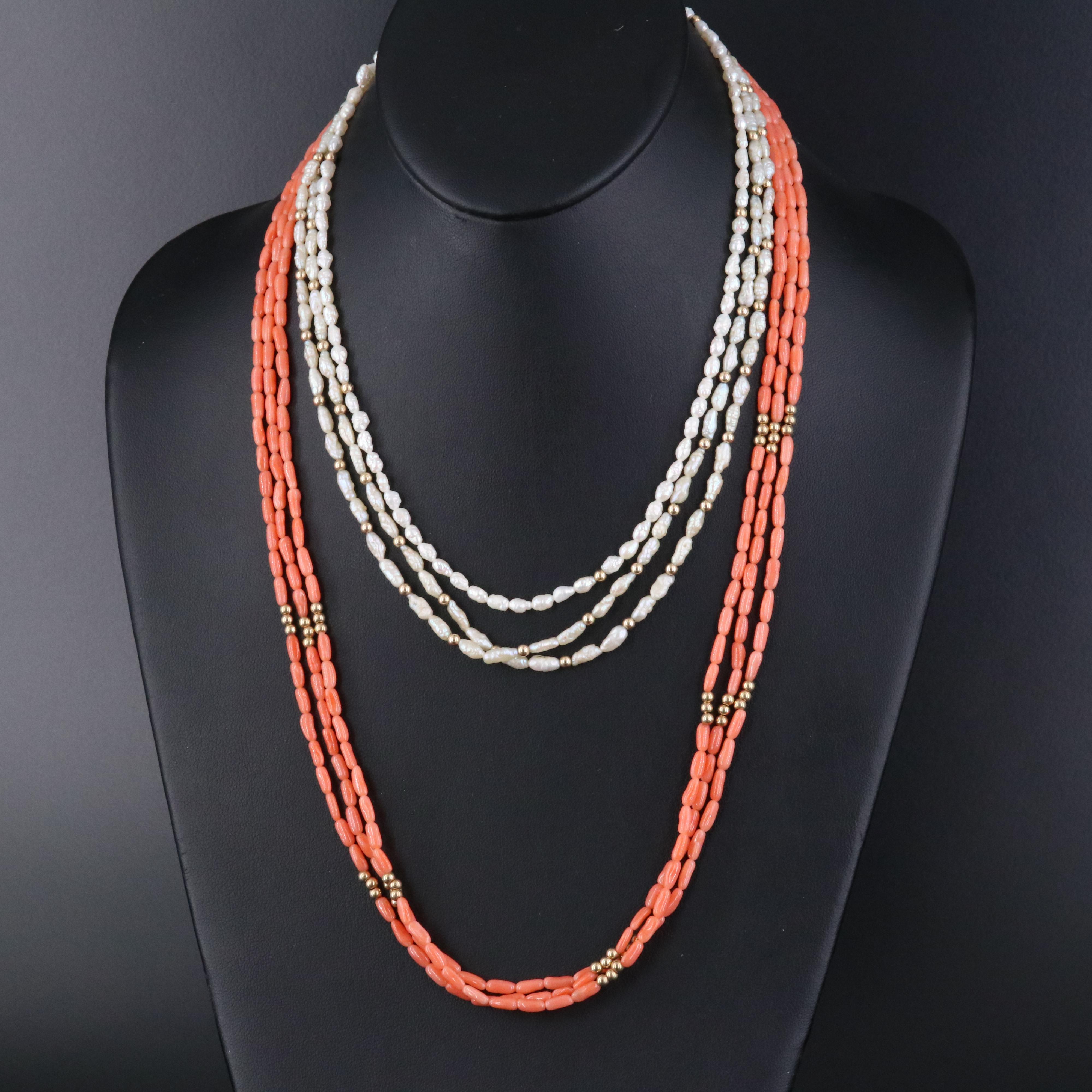 14K Coral and Pearl Bead Necklaces