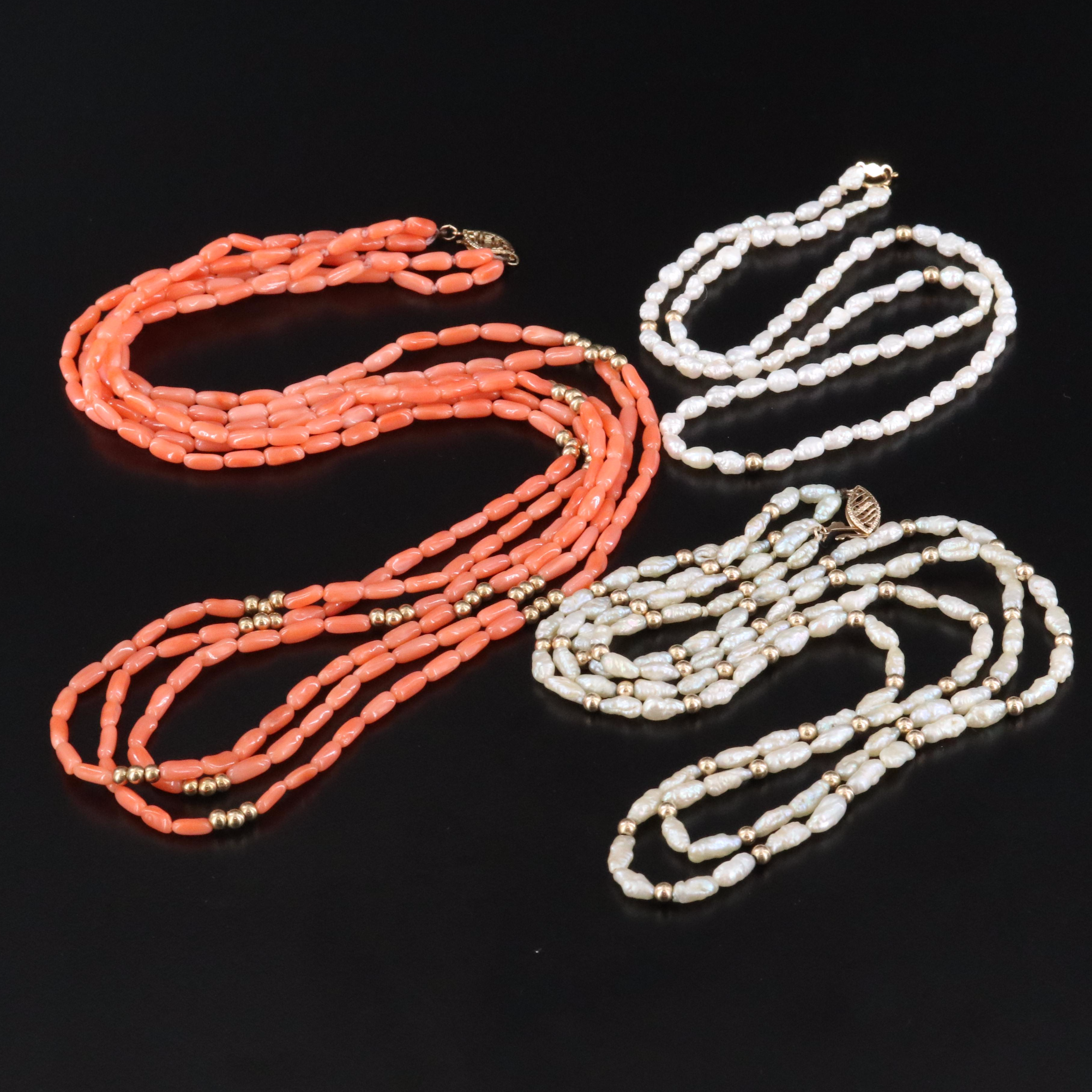 14K Coral and Pearl Bead Necklaces