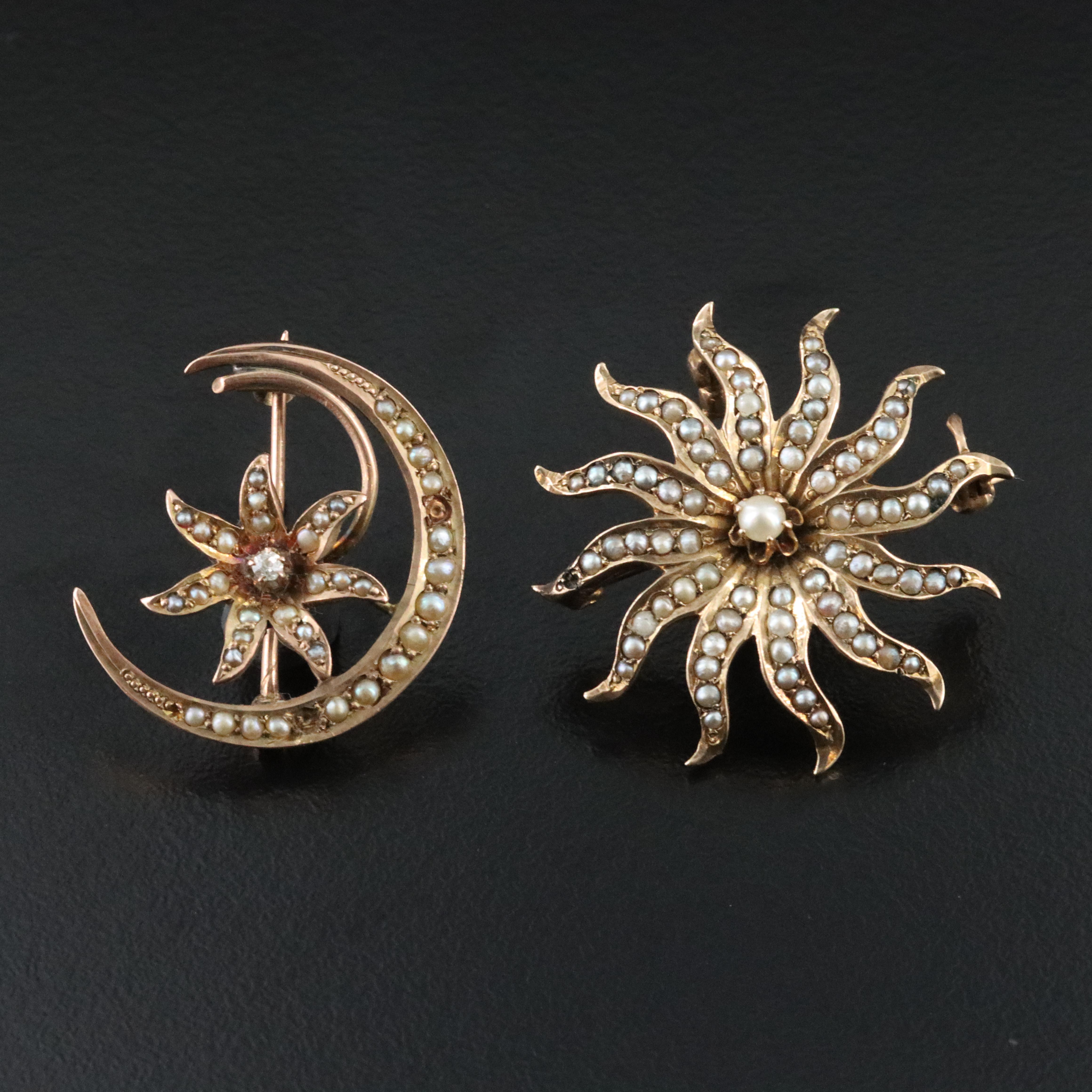 Early 1900s 10K Seed Pearl and Diamond Sunburst and Flower Crescent Pins