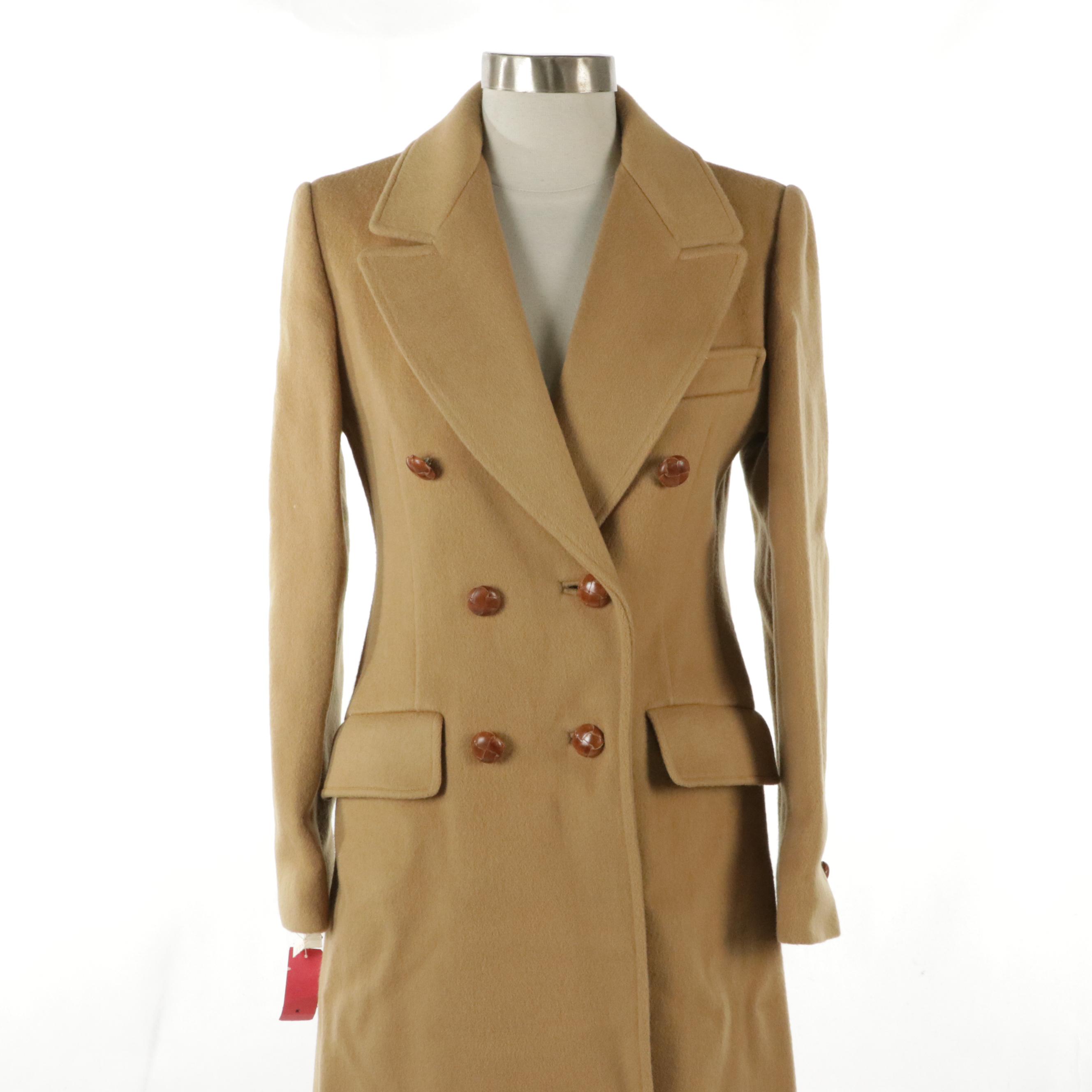 Reflections Vintage Beige Wool Double Breasted Coat with Woven Leather Buttons