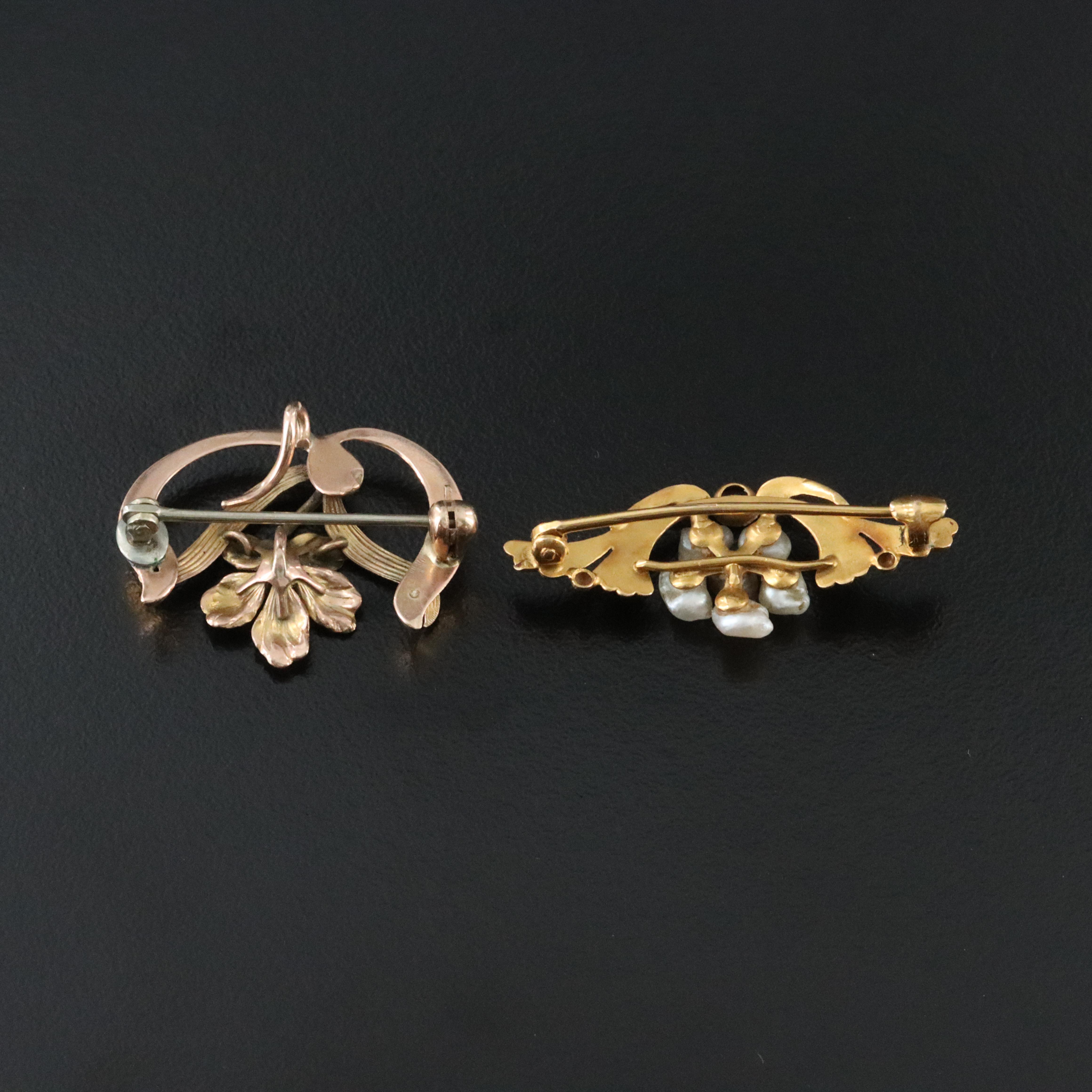 Art Nouveau 10K Watch Pin and 14K Floral Pins with Seed Pearl, Garnet, Diamond