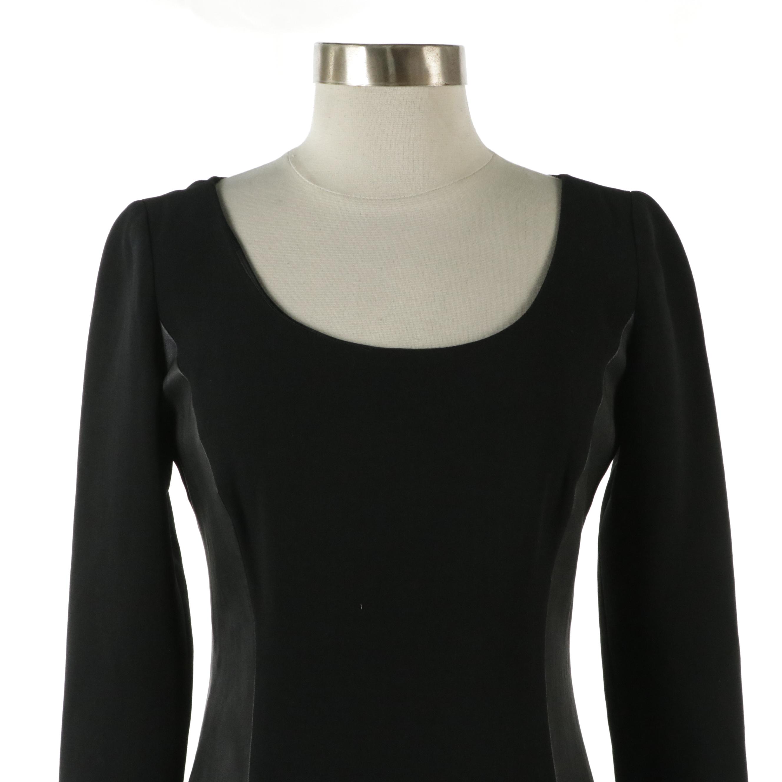 Ralph Lauren Black Wool and Lambskin Accented Long Sleeve Midi Dress