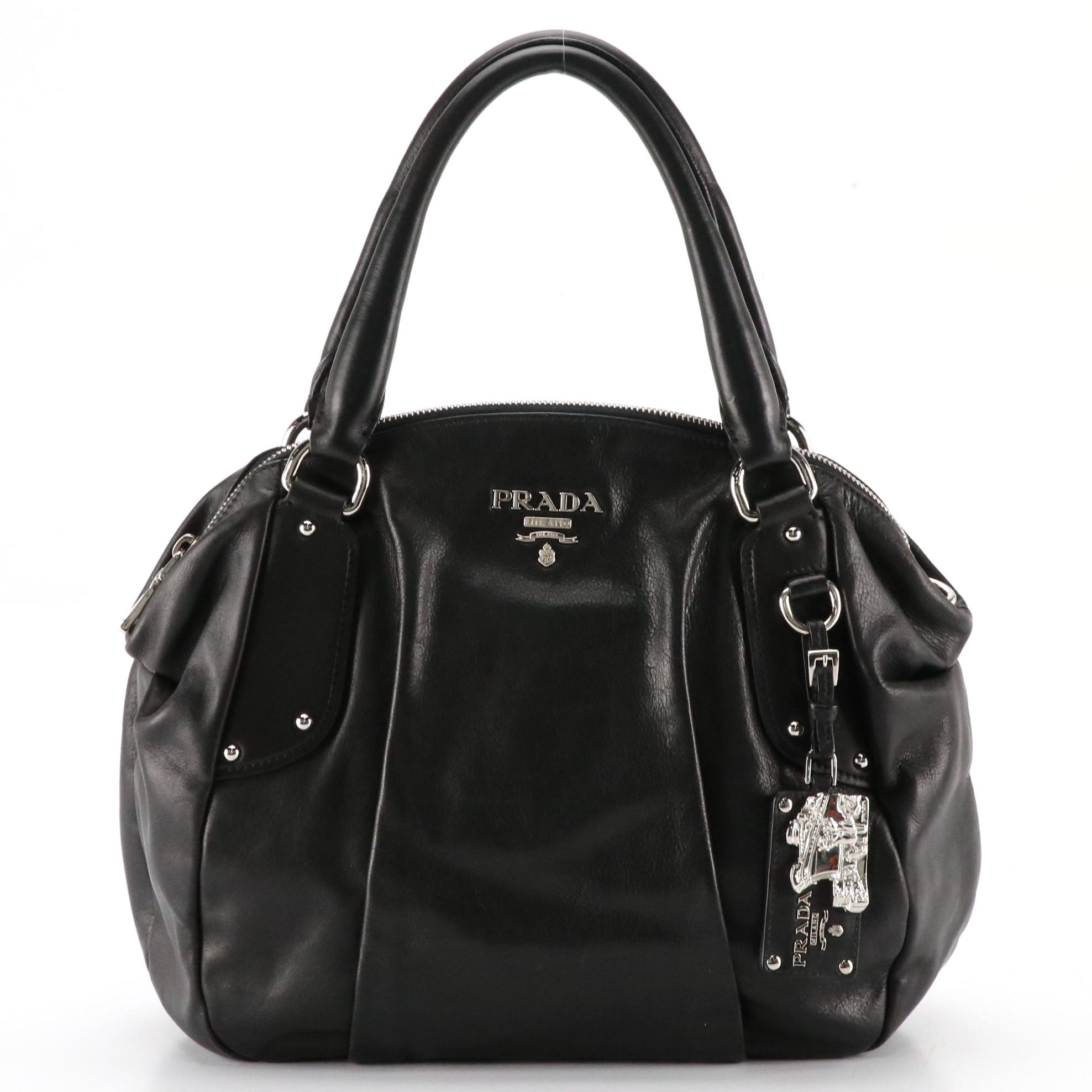 Prada Top Handle Satchel in Black Calfskin Leather