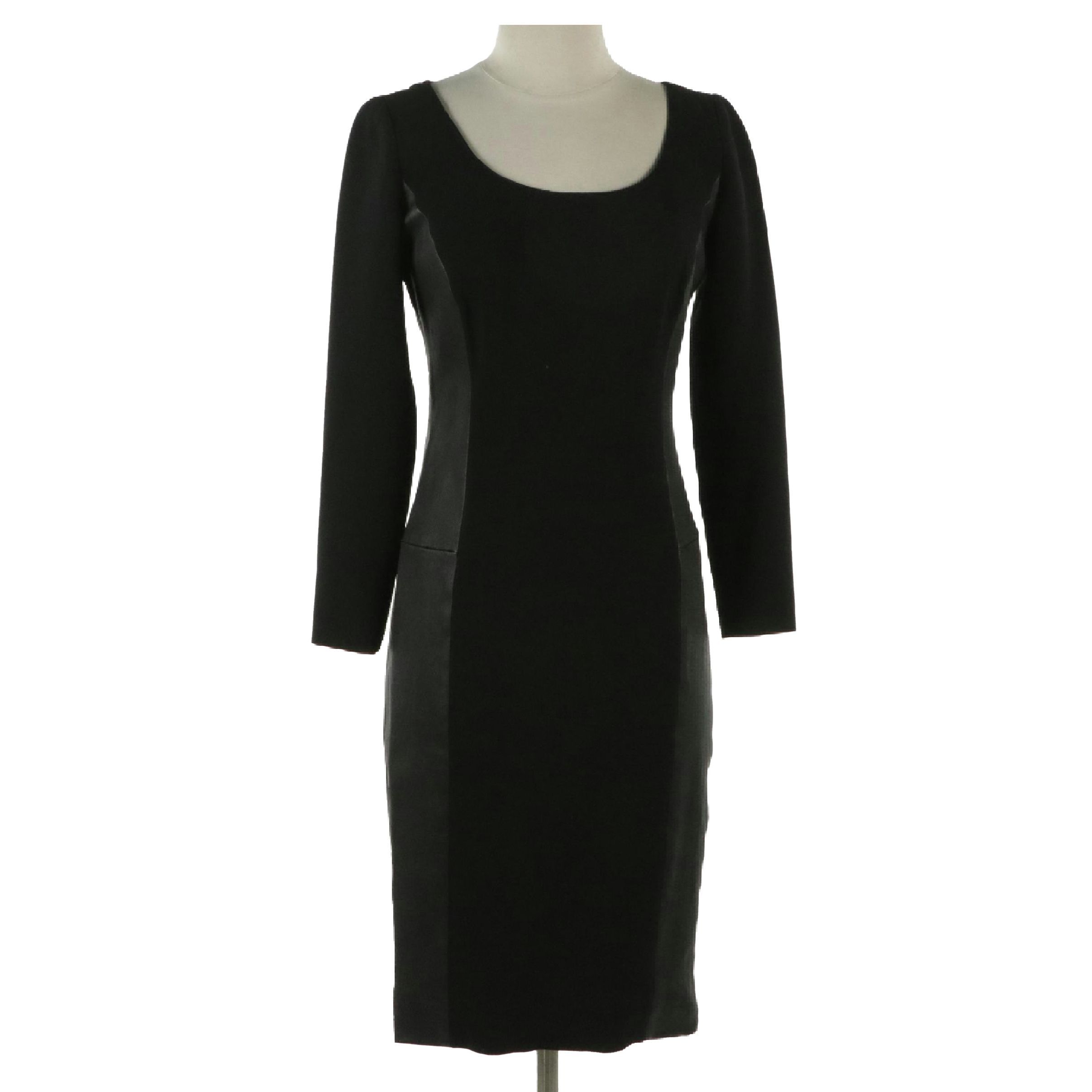 Ralph Lauren Black Wool and Lambskin Accented Long Sleeve Midi Dress