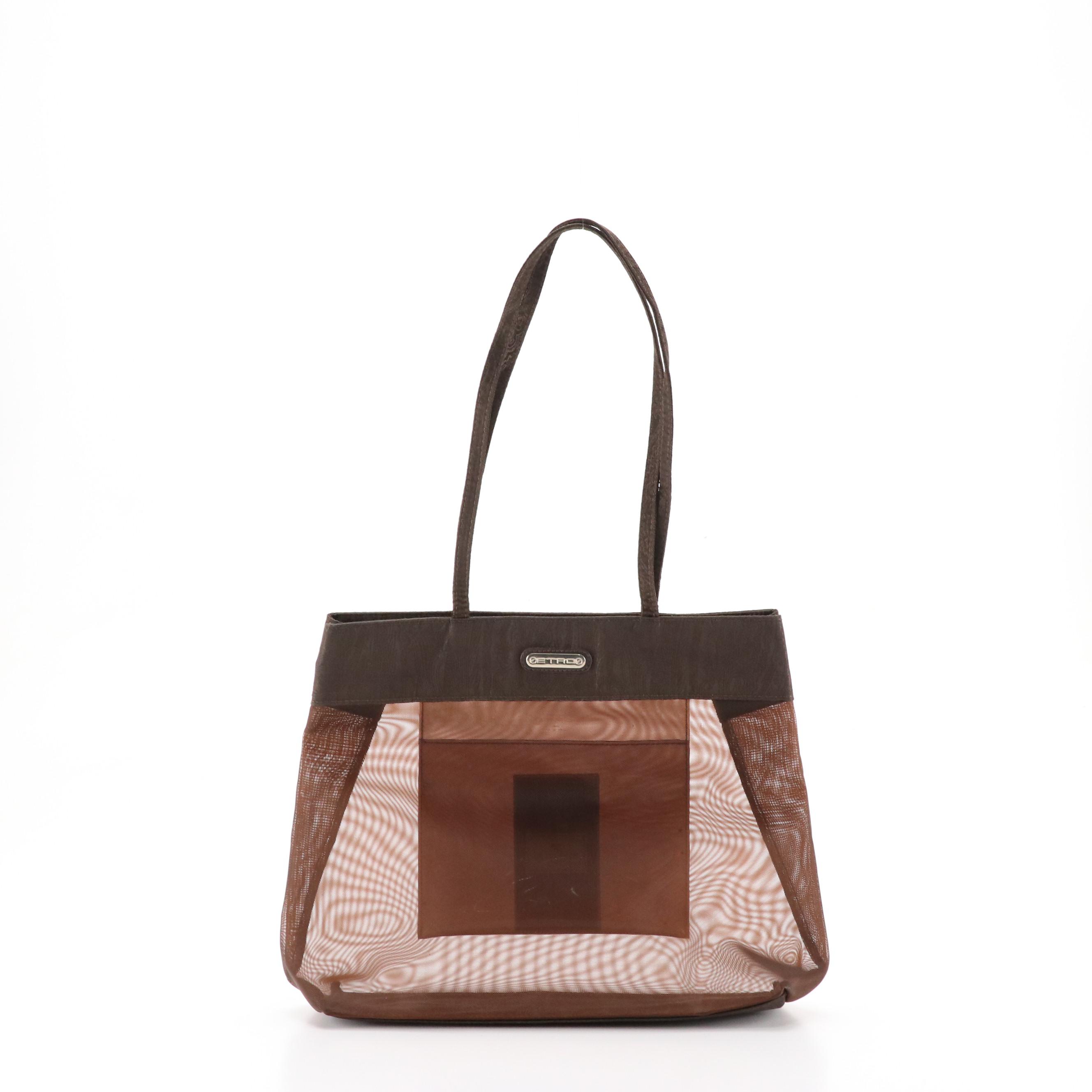 ETRO Chocolate Brown Nylon Mesh Tote Bag with Paisley Jacquard Trim