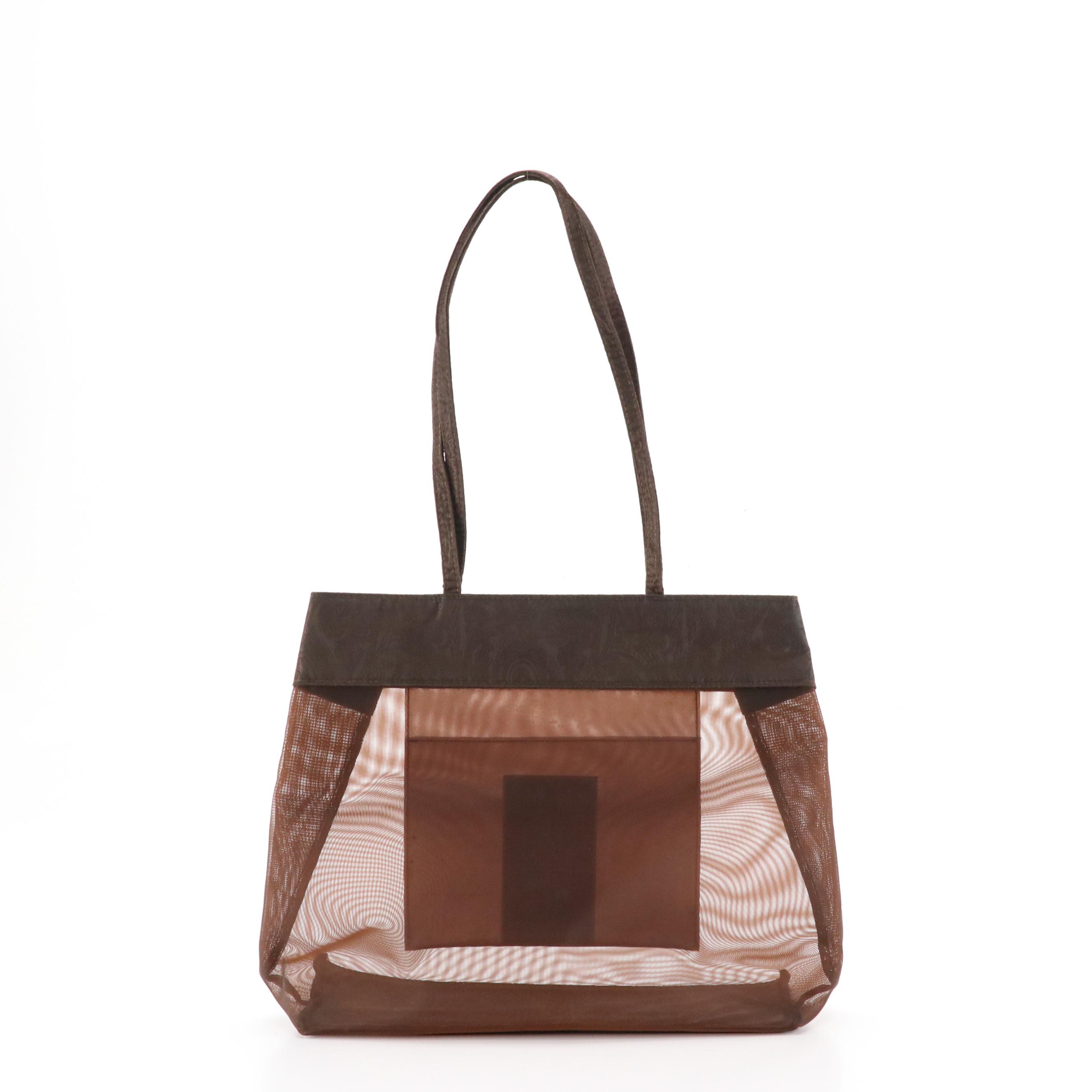 ETRO Chocolate Brown Nylon Mesh Tote Bag with Paisley Jacquard Trim