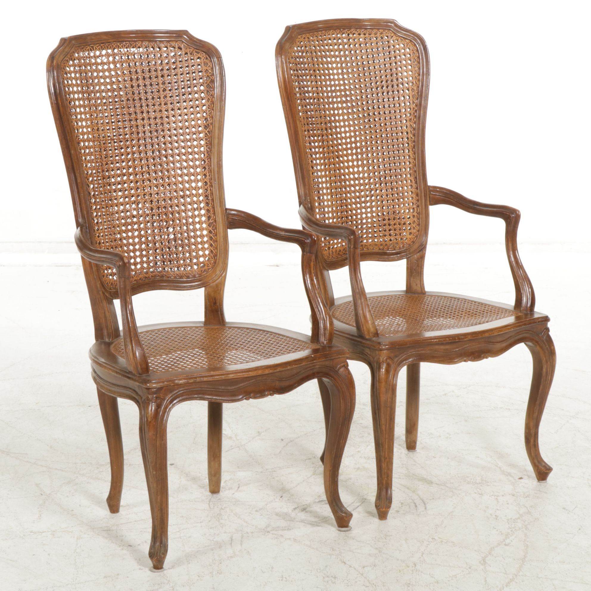 Pair of Italian Walnut Fauteuils with Cane Seats and Backs, Mid-20th Century