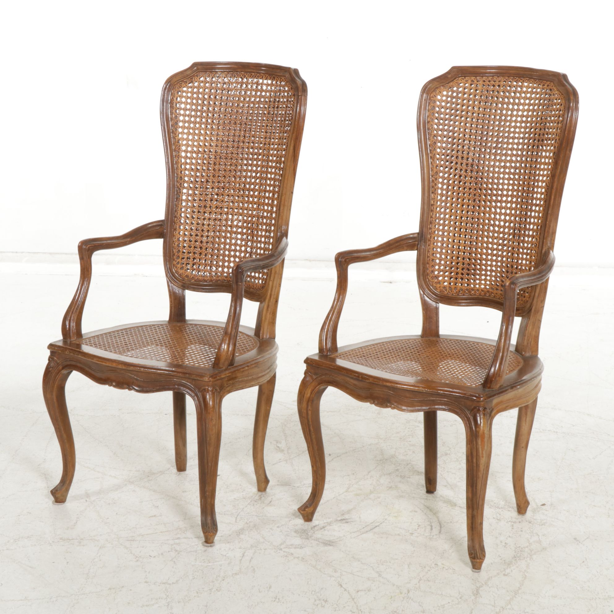Pair of Italian Walnut Fauteuils with Cane Seats and Backs, Mid-20th Century