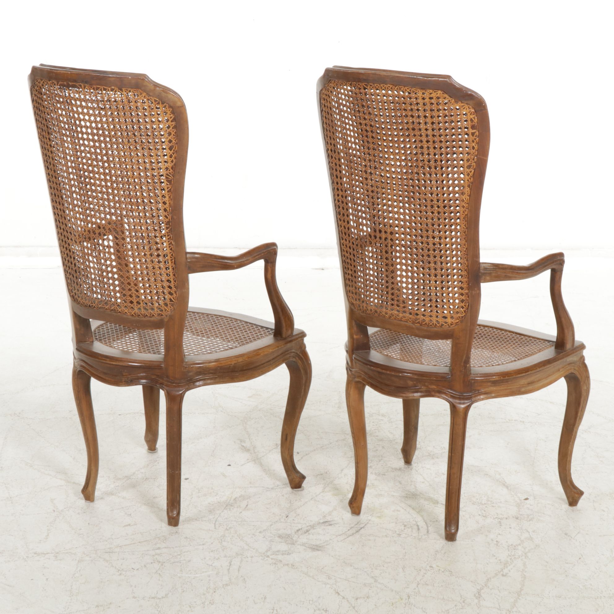 Pair of Italian Walnut Fauteuils with Cane Seats and Backs, Mid-20th Century