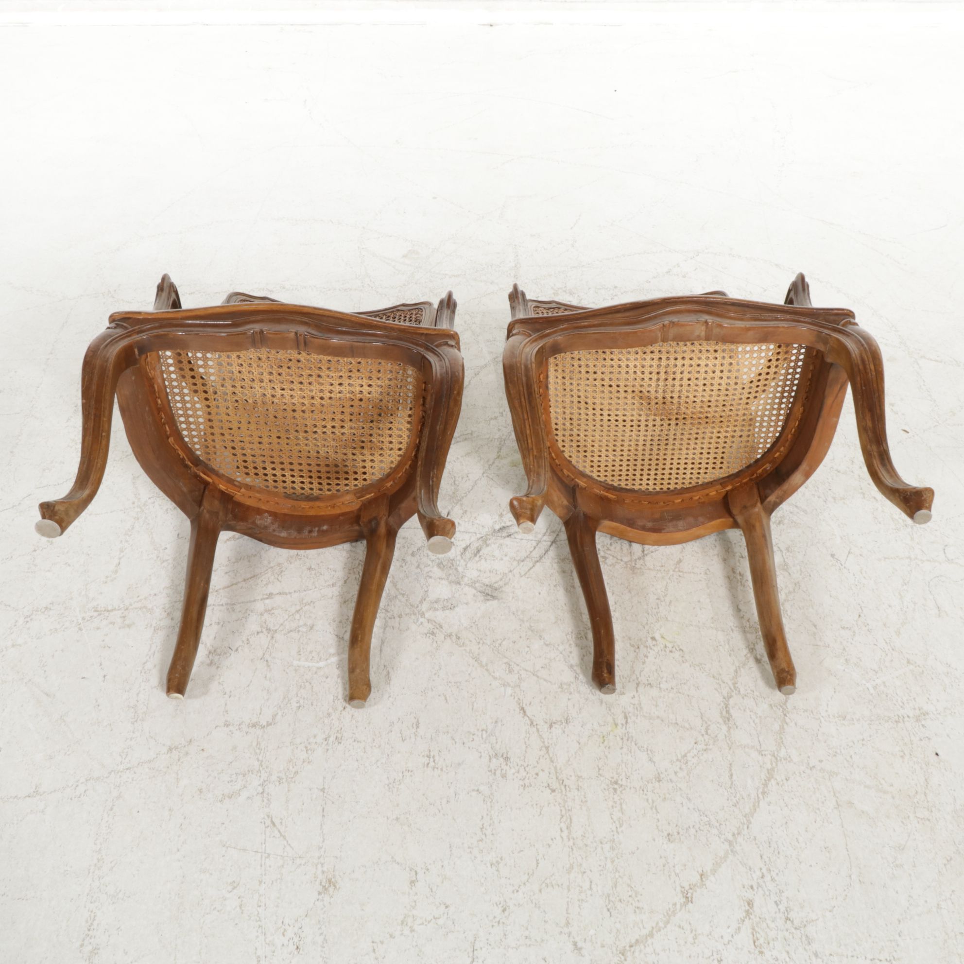 Pair of Italian Walnut Fauteuils with Cane Seats and Backs, Mid-20th Century