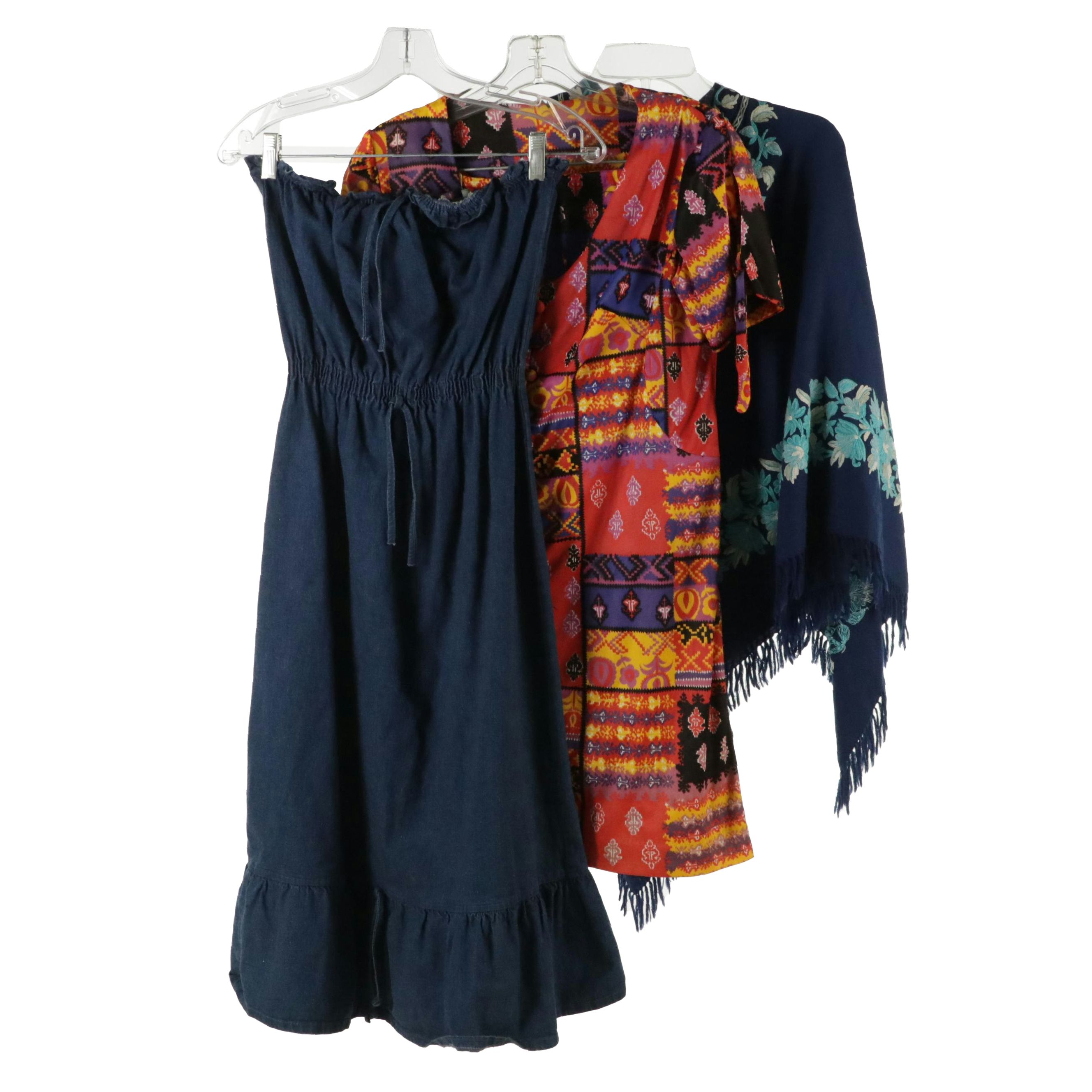Jazzie Denim Strapless Dress, Patterned Mini Dress and Other Fringe Poncho