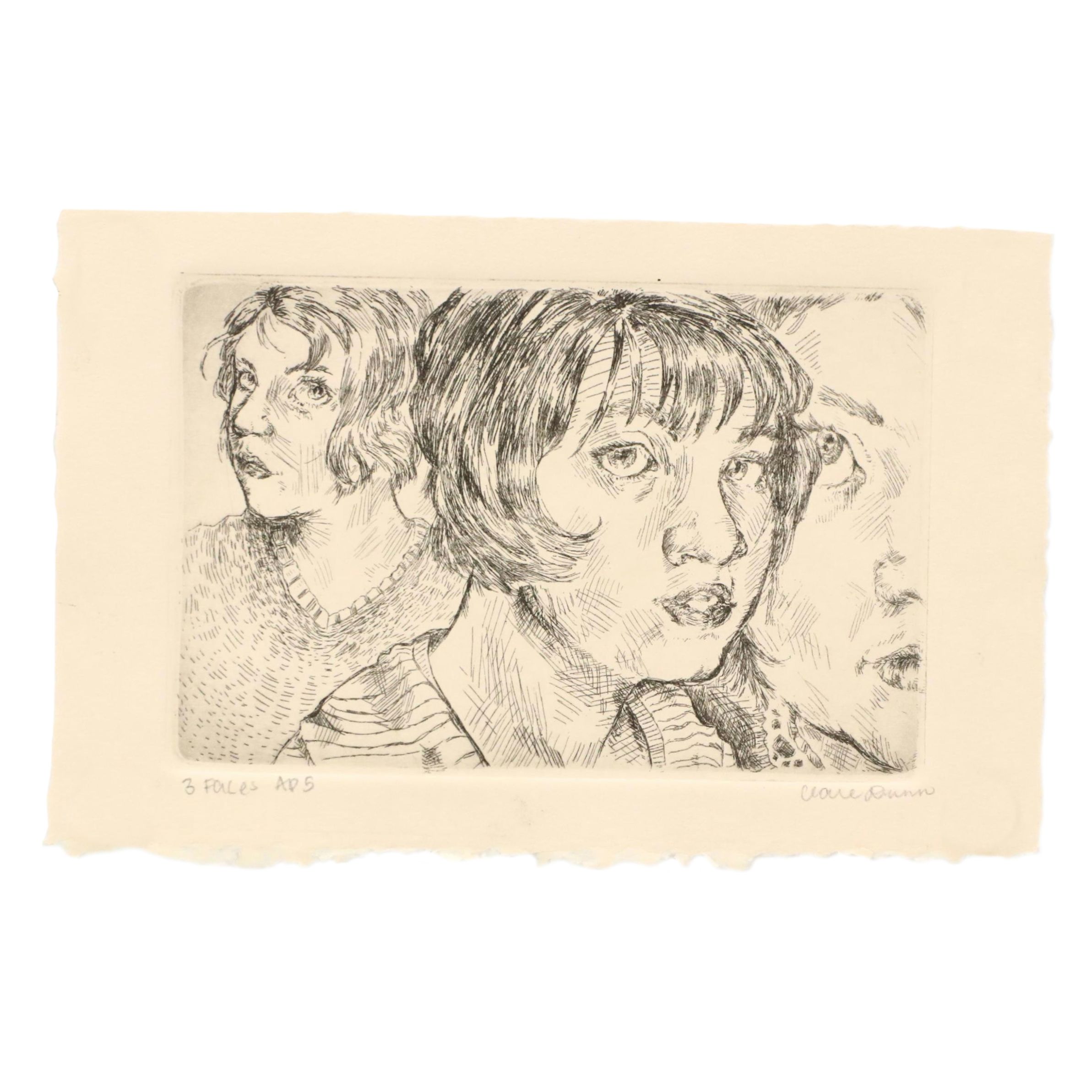 Clare Dunn Zinc Plate Etching "3 Faces," 2014