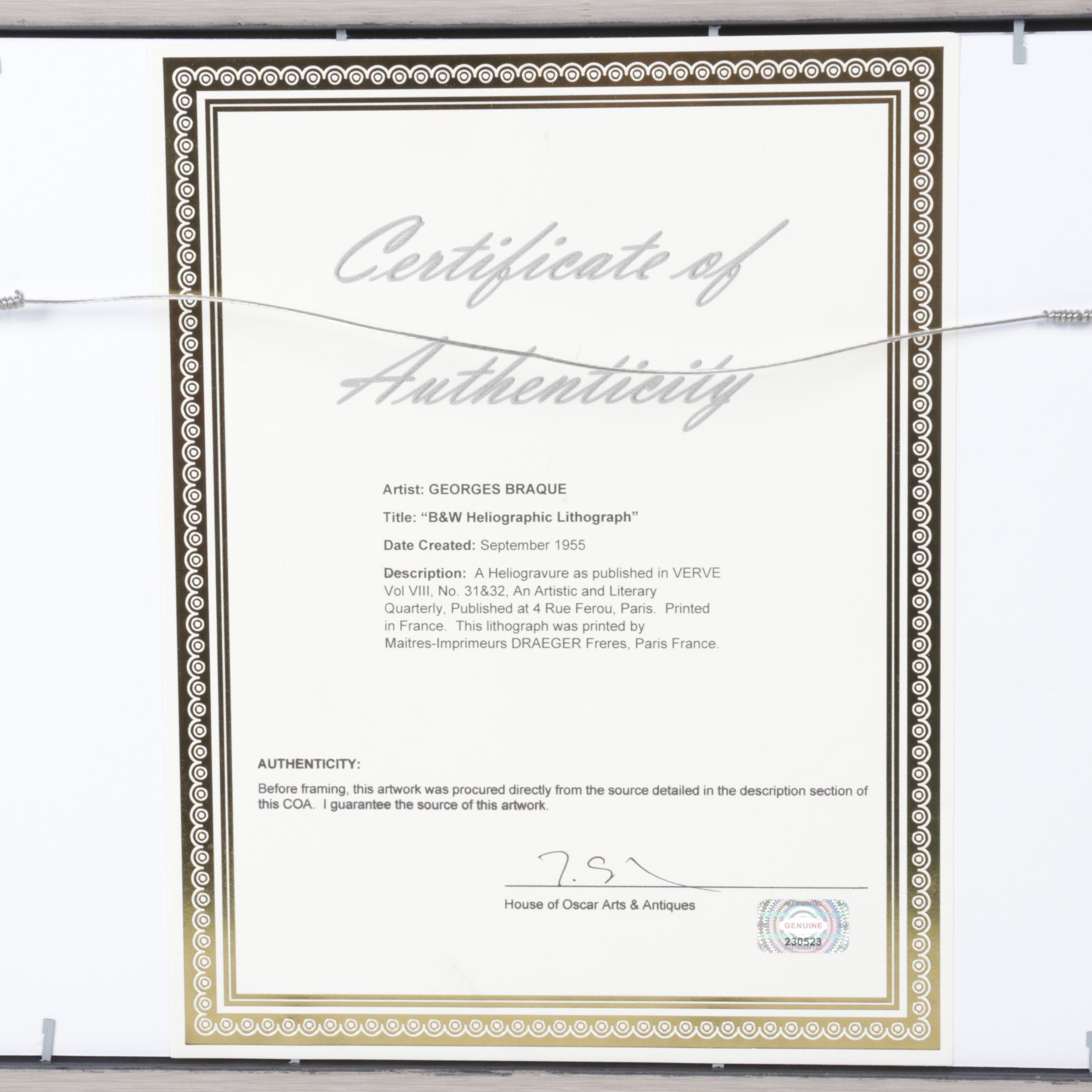 Georges Braque Black and White Heliogravure for "Verve," 1955