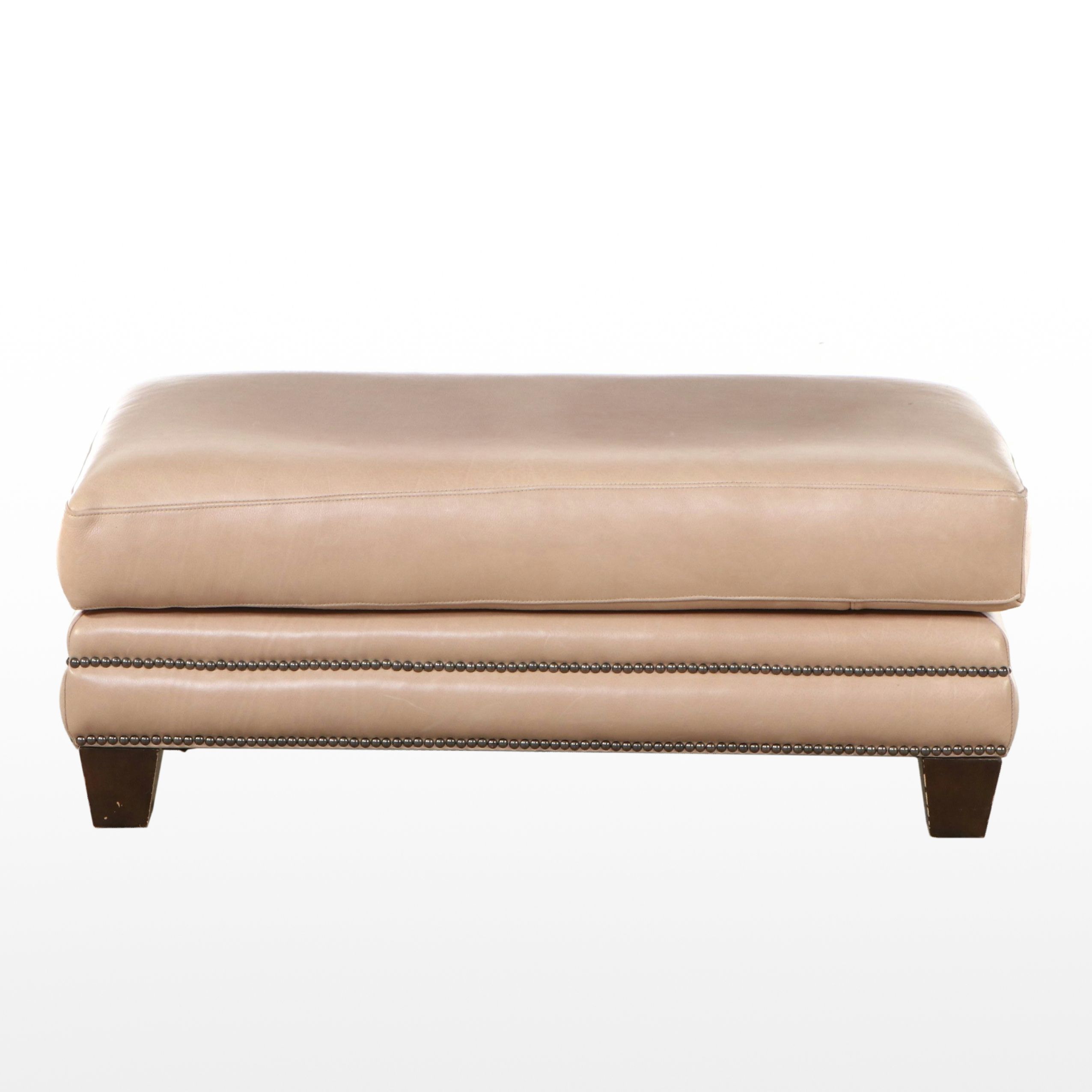 Nailhead Trimmed Beige Leather Ottoman