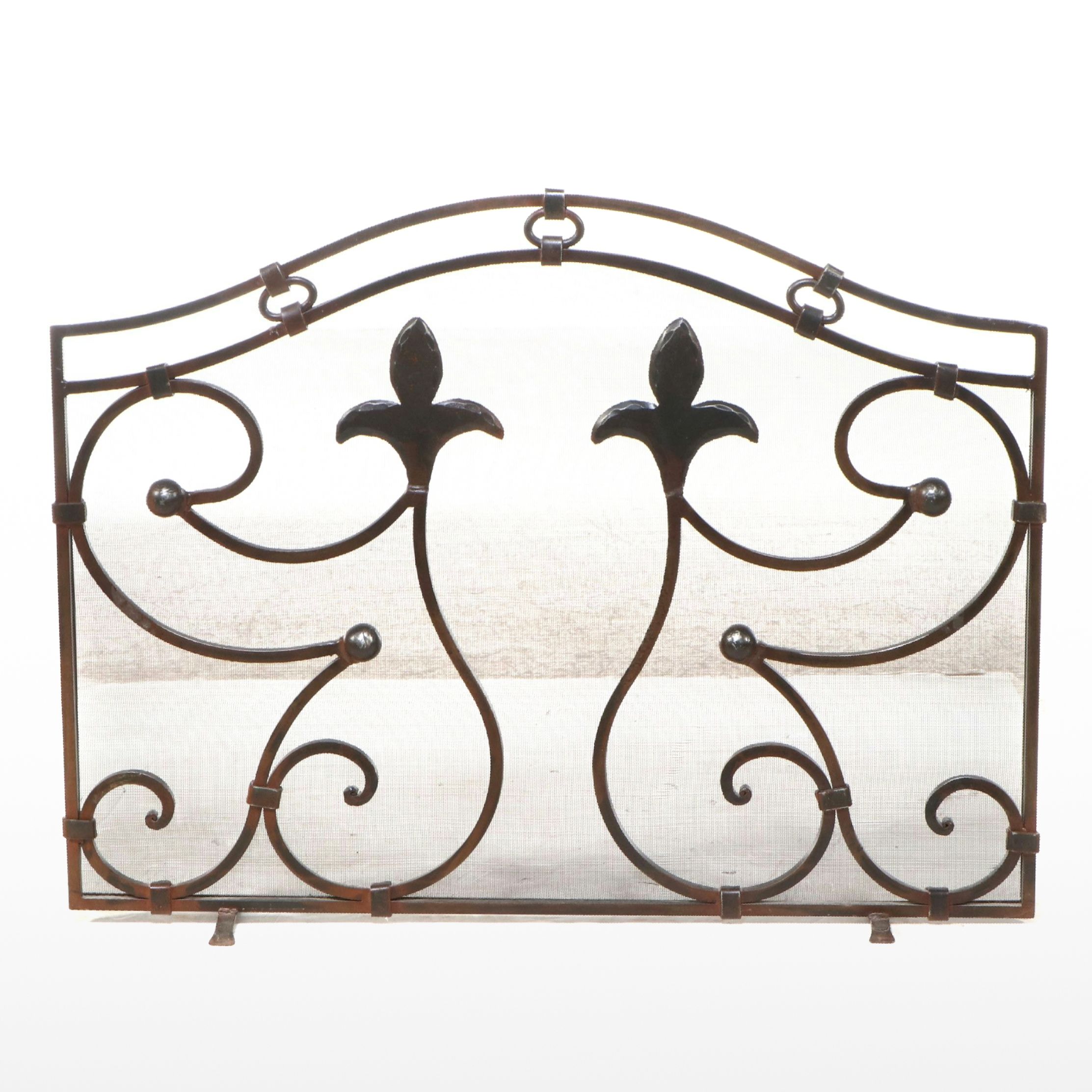 Jan Barboglio "Double Fleur-de-Lis" Forged Iron and Mesh Fireplace Screen