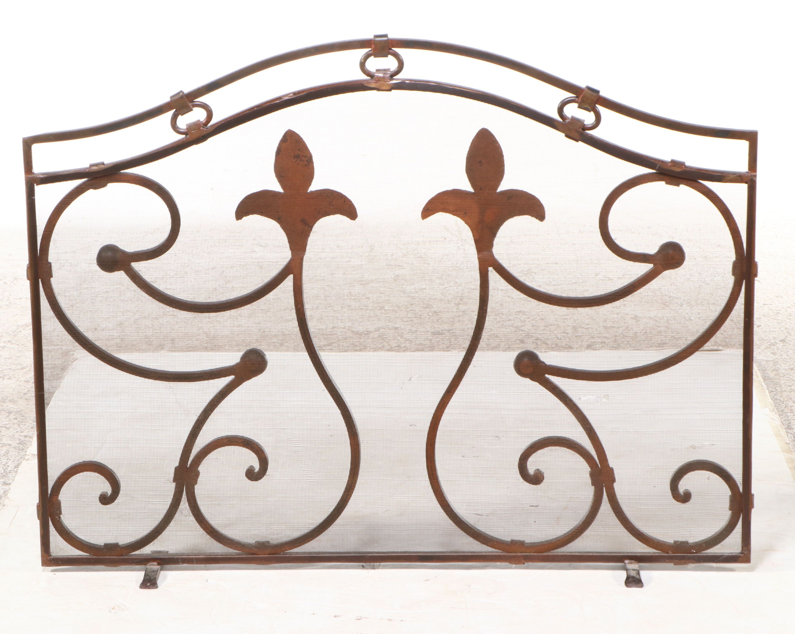 Jan Barboglio "Double Fleur-de-Lis" Forged Iron and Mesh Fireplace Screen