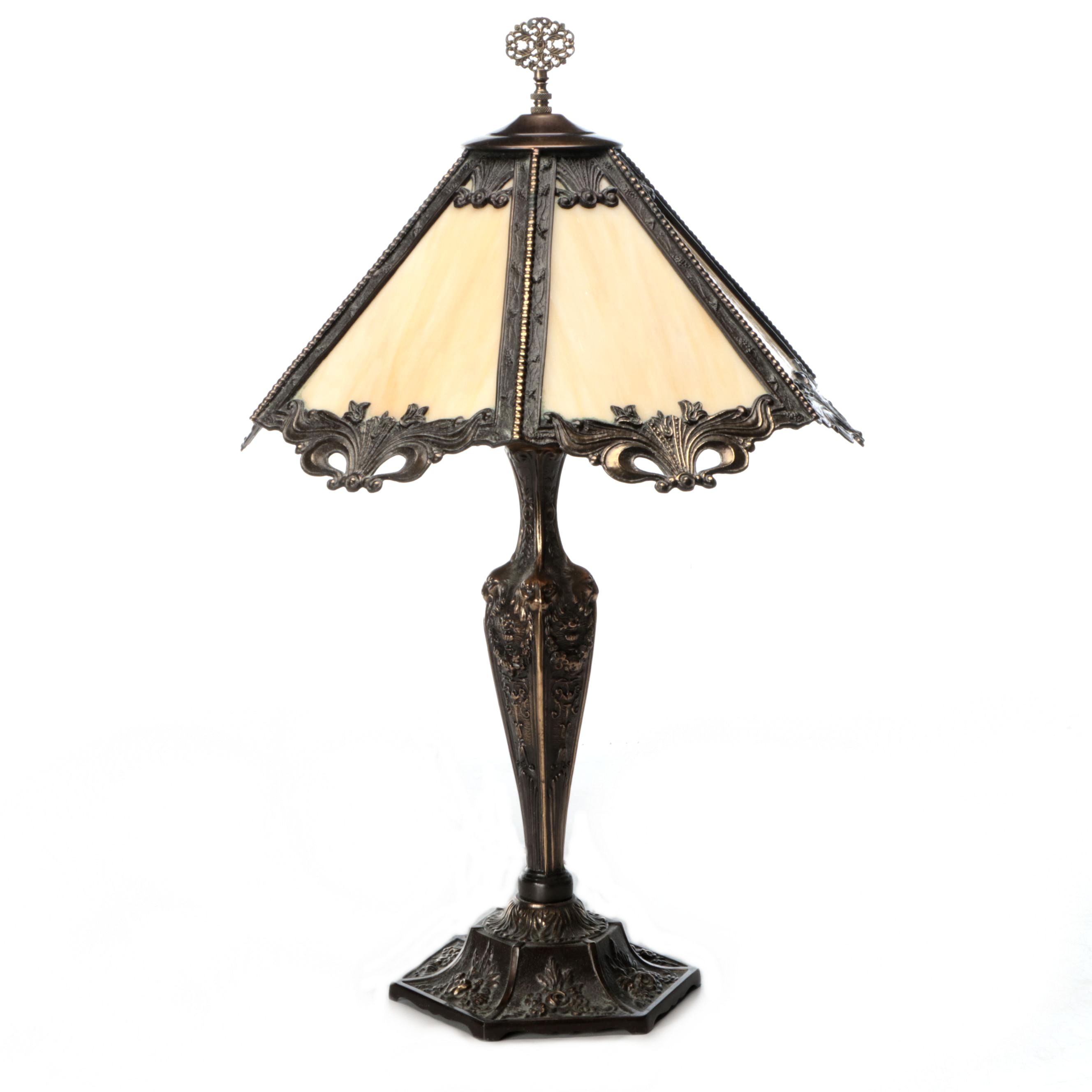 Art Nouveau Slag Glass Shade Bronze Finish Torch Table Lamp