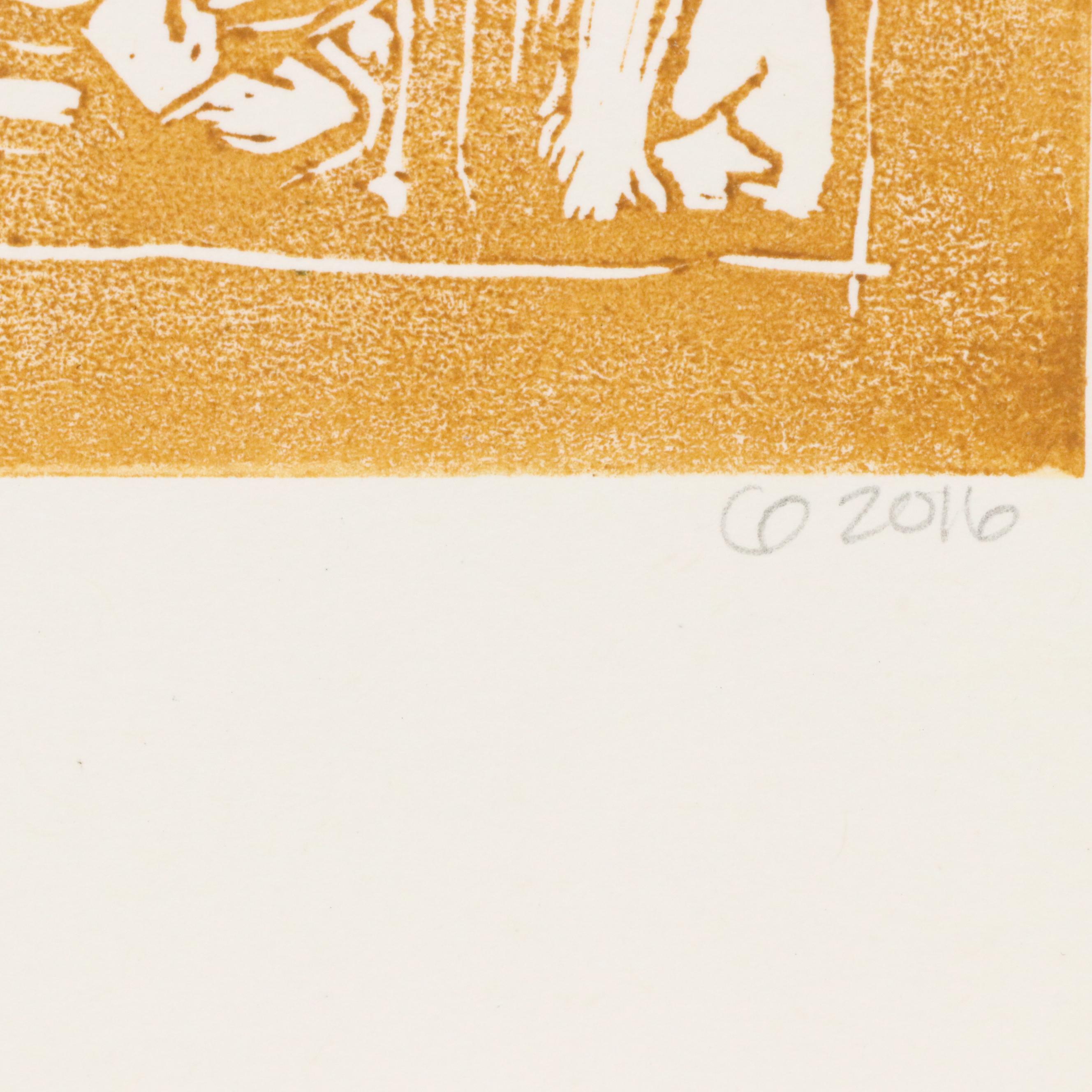 Clare Dunn Linocut on Paper "Hideaway Honey," 2016