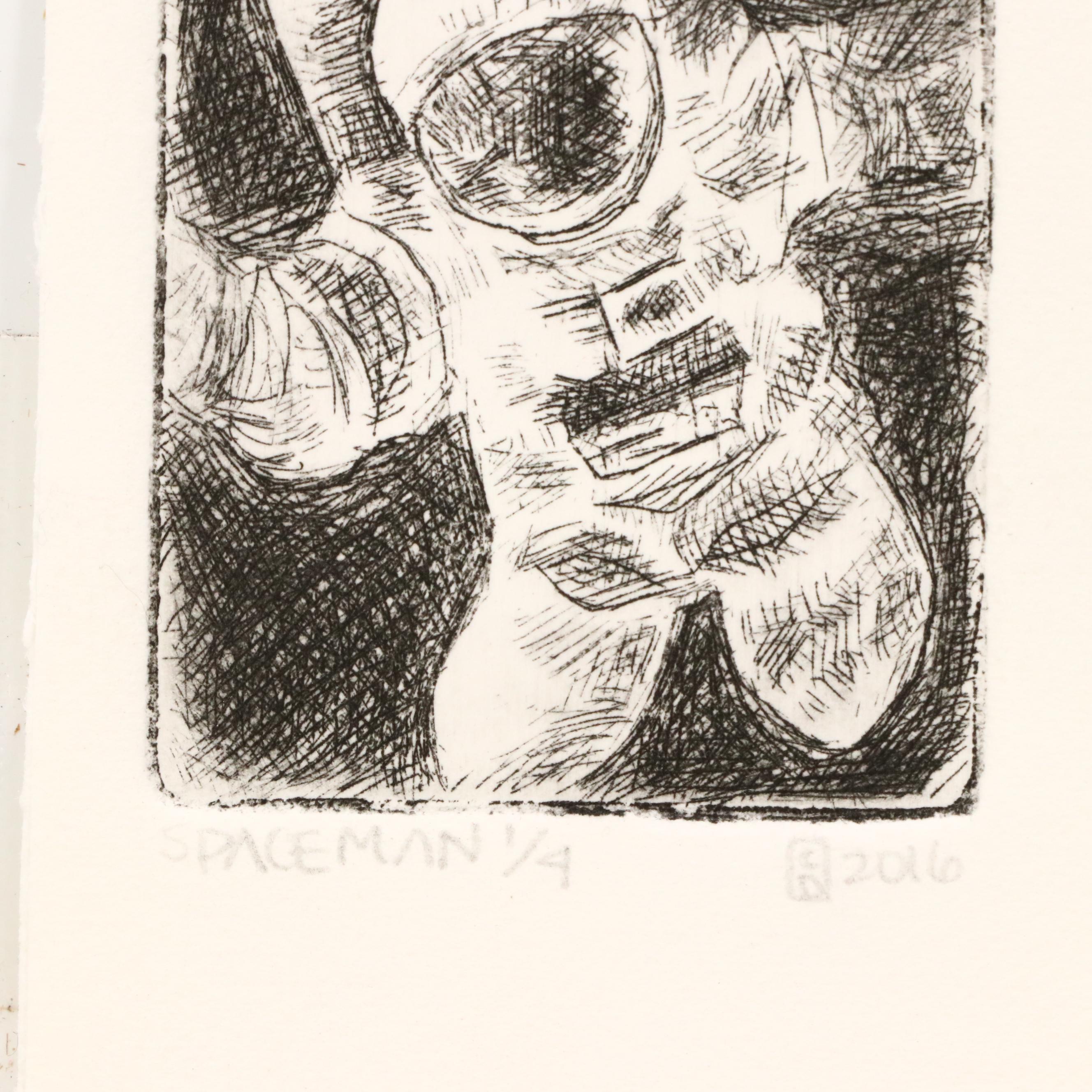 Clare Dunn Etchings "Spaceman" and "Pigalle," 2016