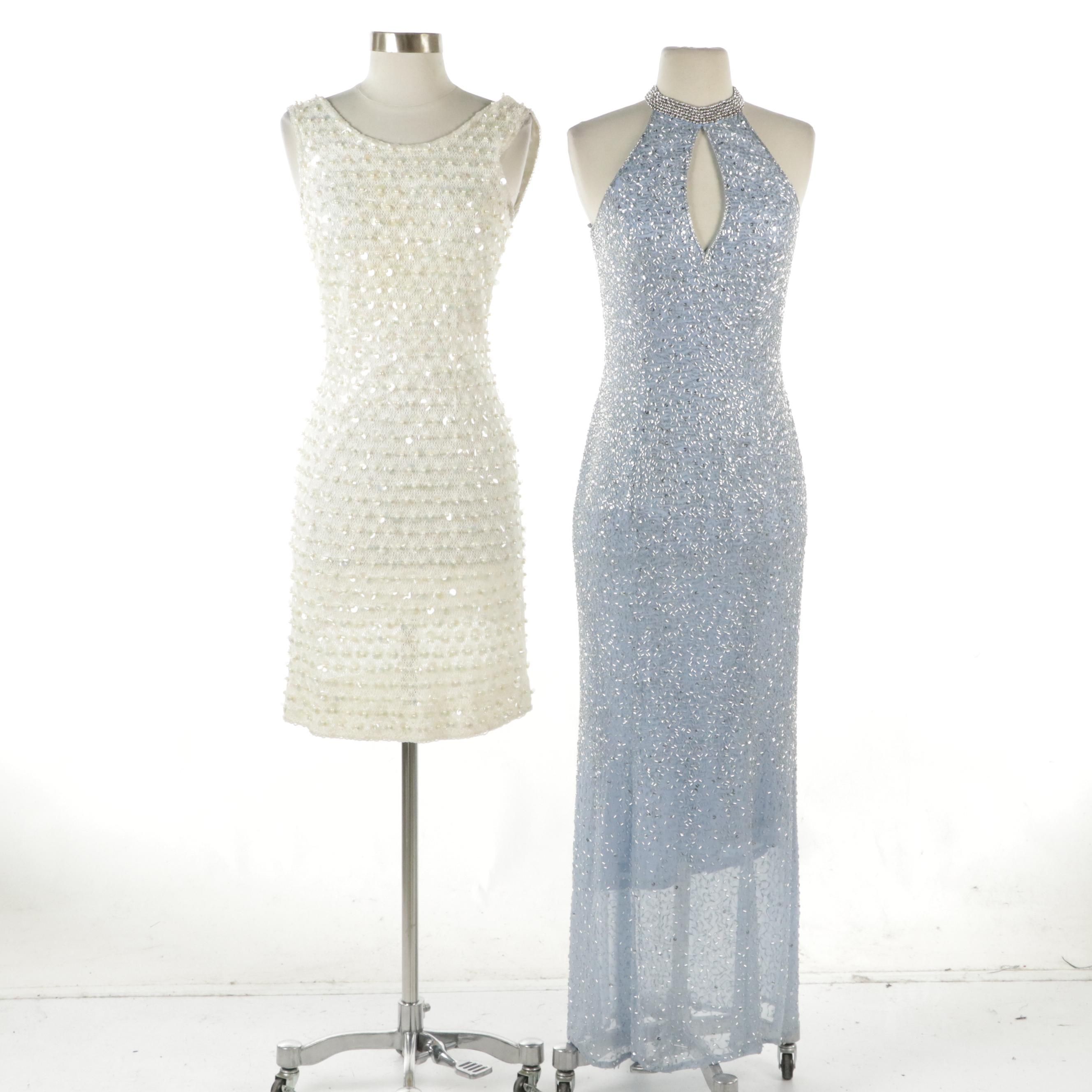 Lillie Rubin Blue Silk Beaded Long Evening Dress & Other White Cocktail Dress
