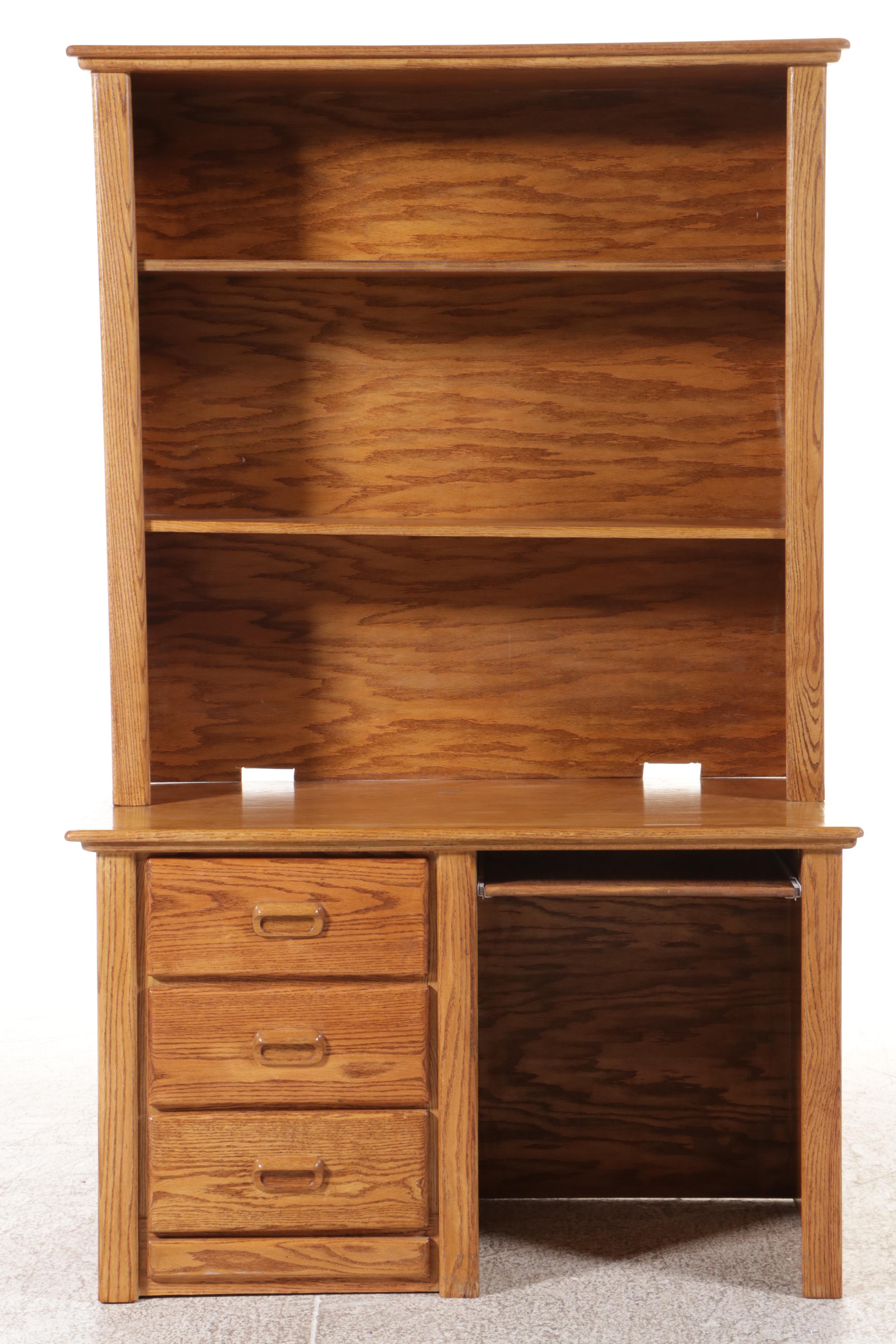 Modernist Style Oak Desk with Hutch and Computer Chair, Late 20th Century