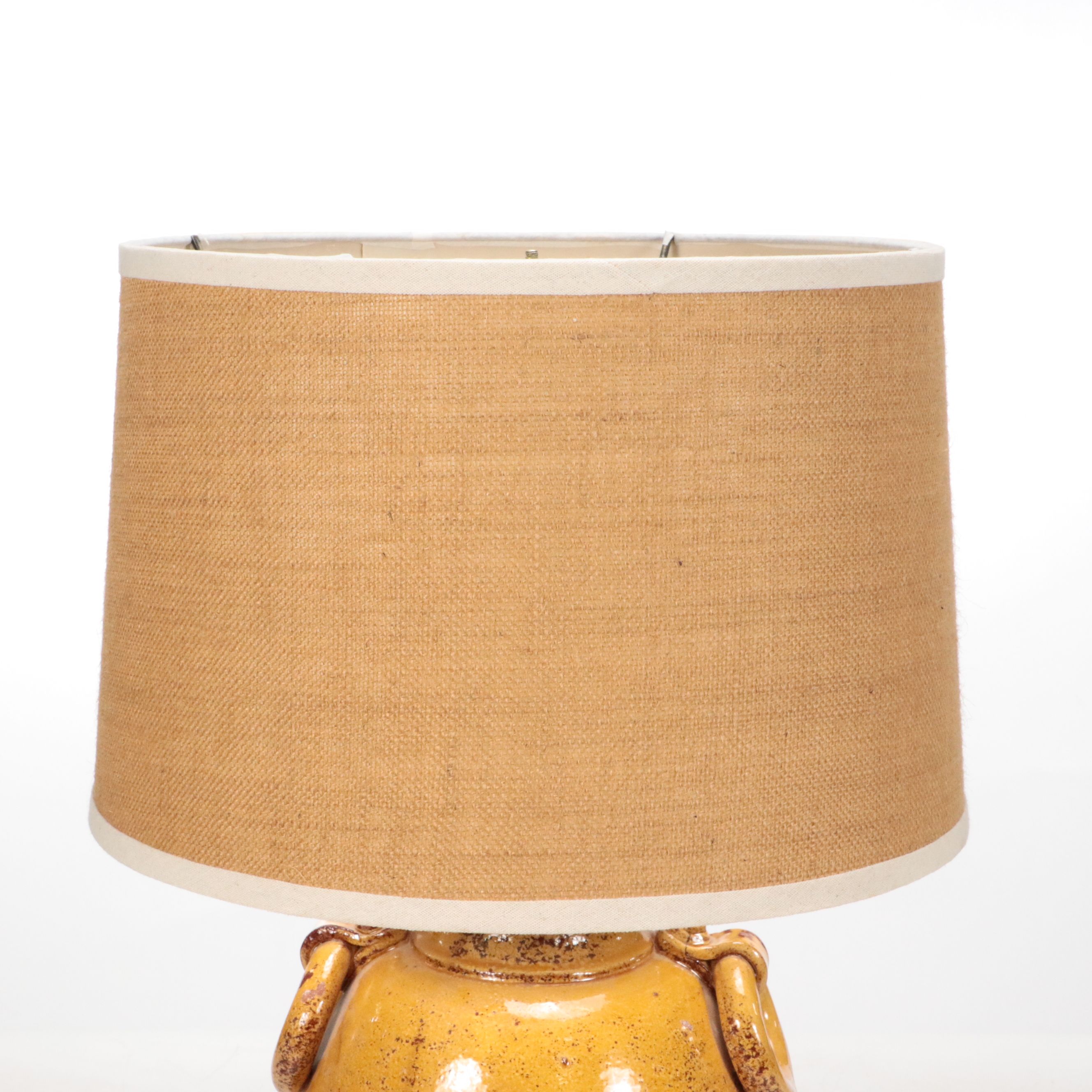 Vietri Ocher Glaze Terracotta Vessel Table Lamp & Burlap Drum Shade