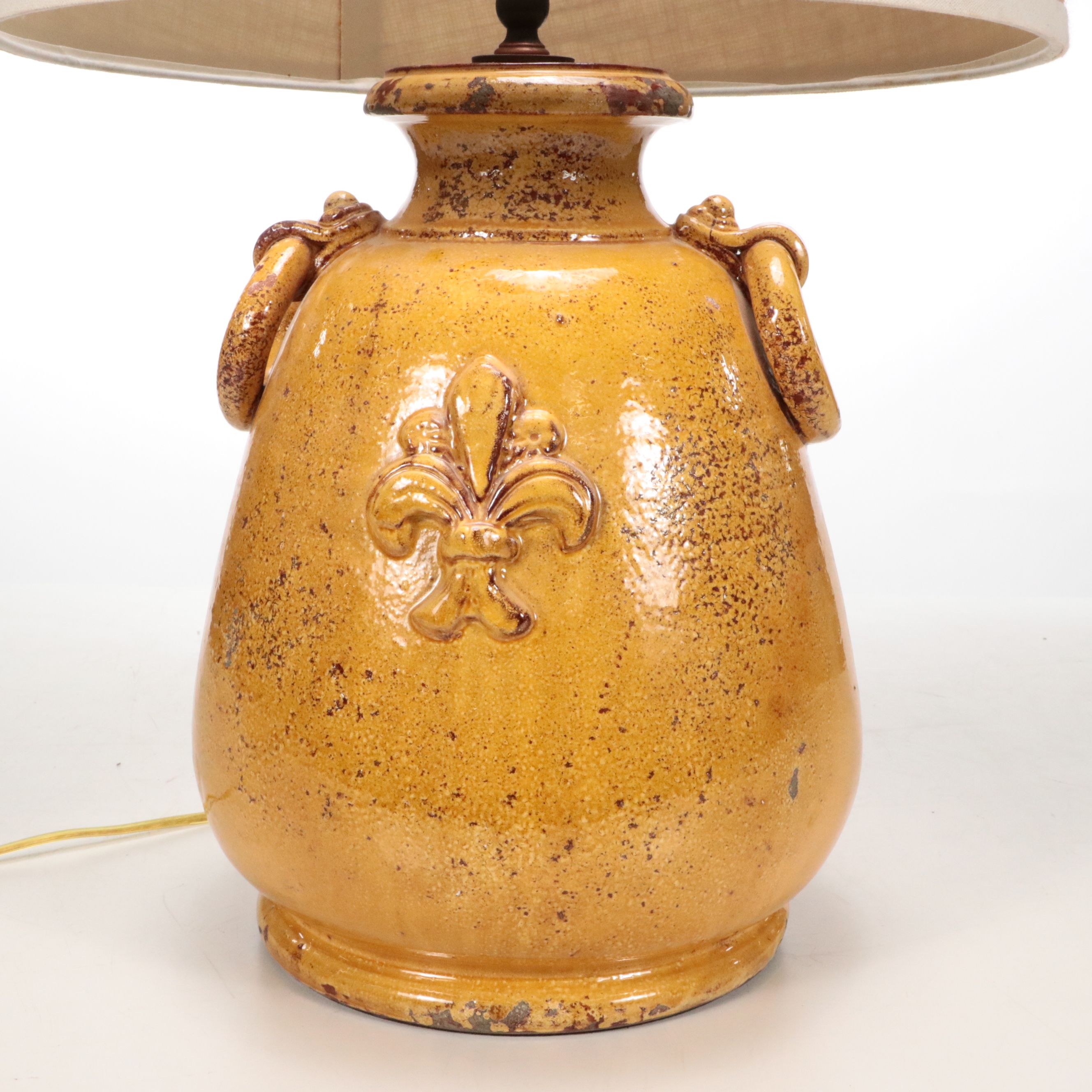 Vietri Ocher Glaze Terracotta Vessel Table Lamp & Burlap Drum Shade